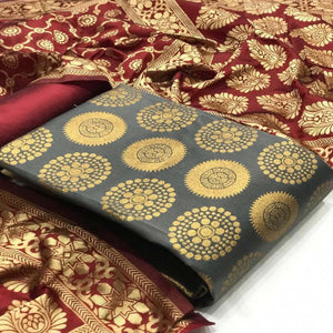 Demanding Grey Colored Casual Wear Woven Banarasi Silk Dress Material