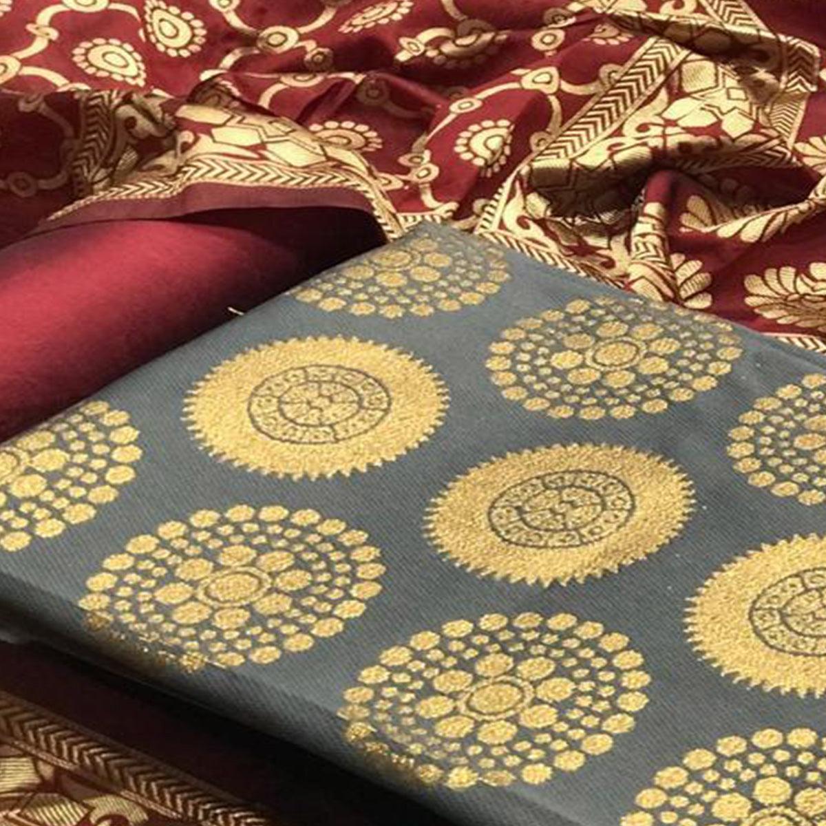 Demanding Grey Colored Casual Wear Woven Banarasi Silk Dress Material