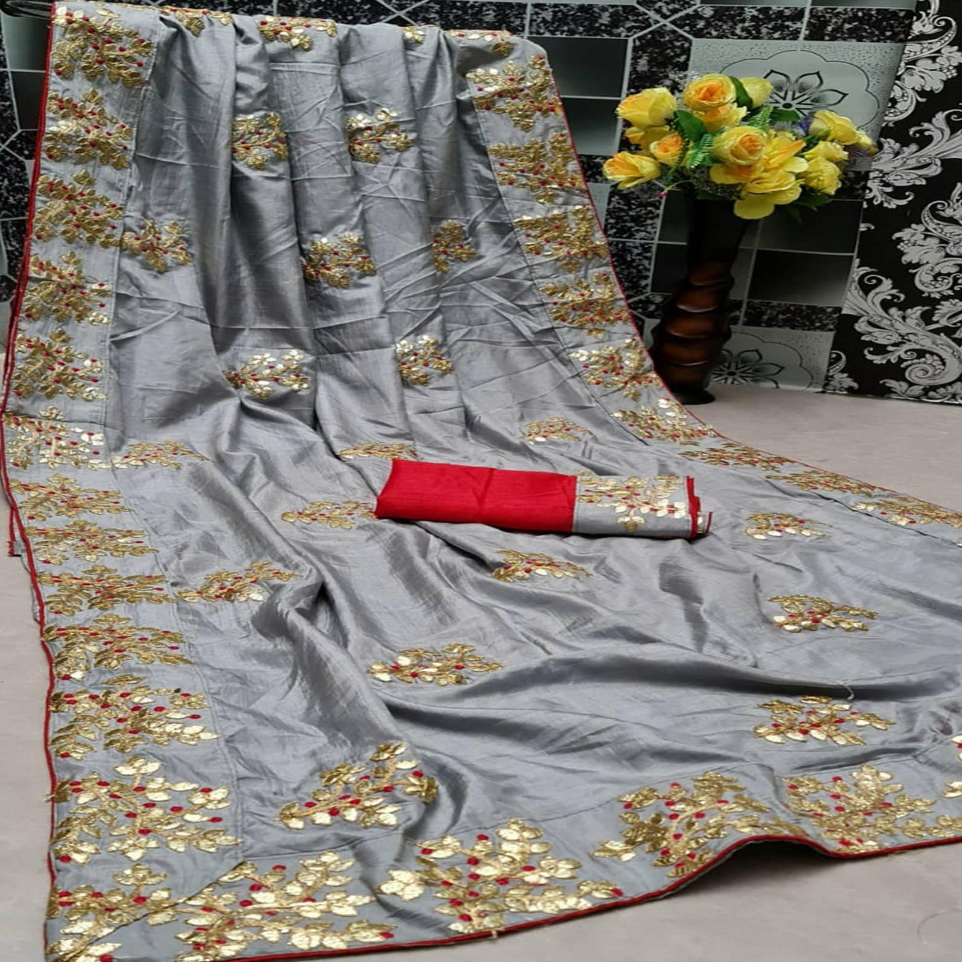 Demanding Grey Colored Festive Wear Butta Work Dola Silk Saree