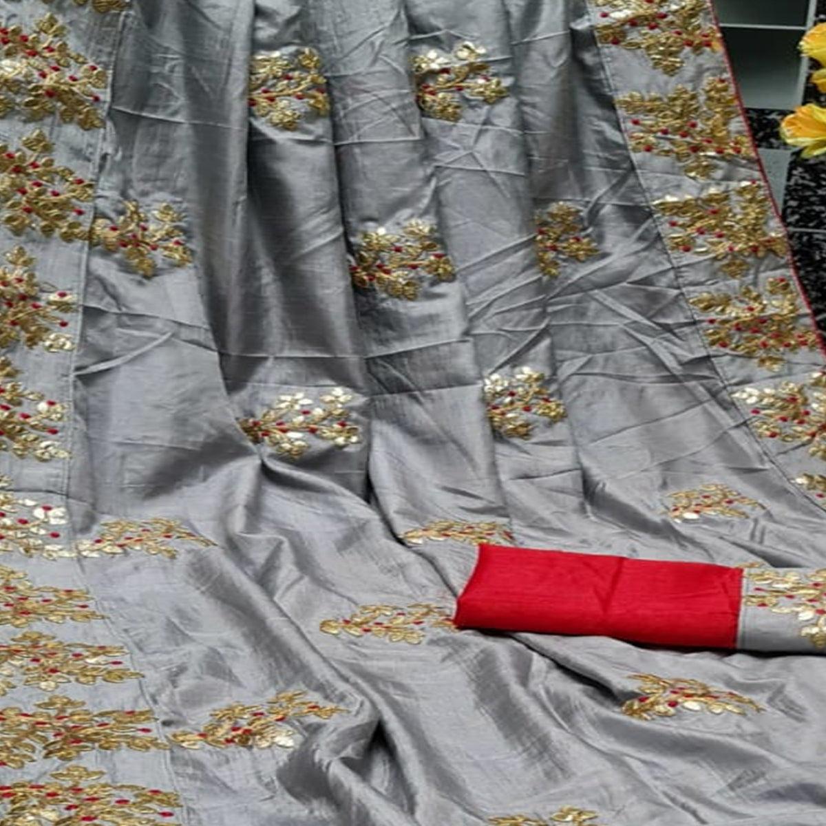 Demanding Grey Colored Festive Wear Butta Work Dola Silk Saree