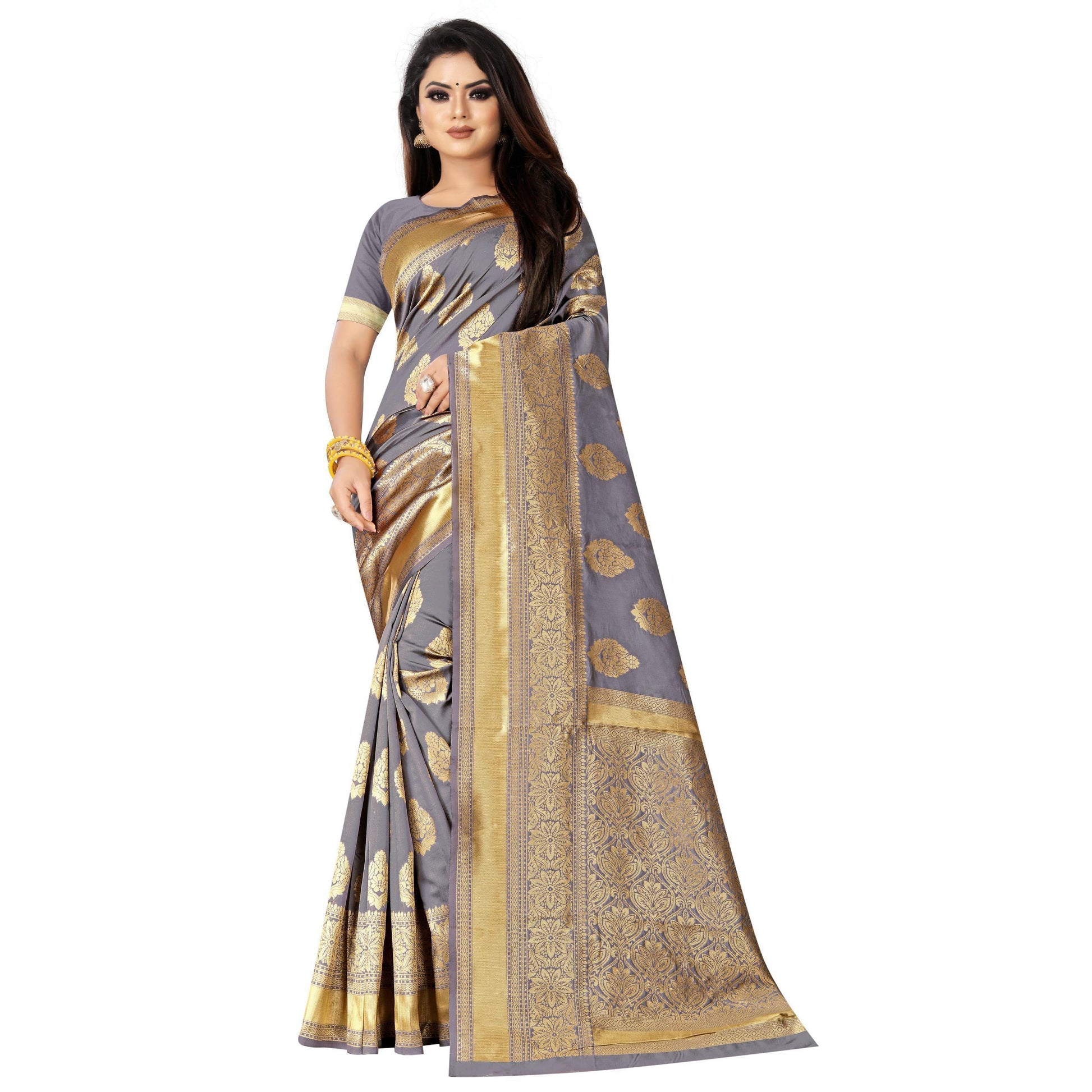 Demanding Grey Colored Festive Wear Woven Lichi Silk Saree
