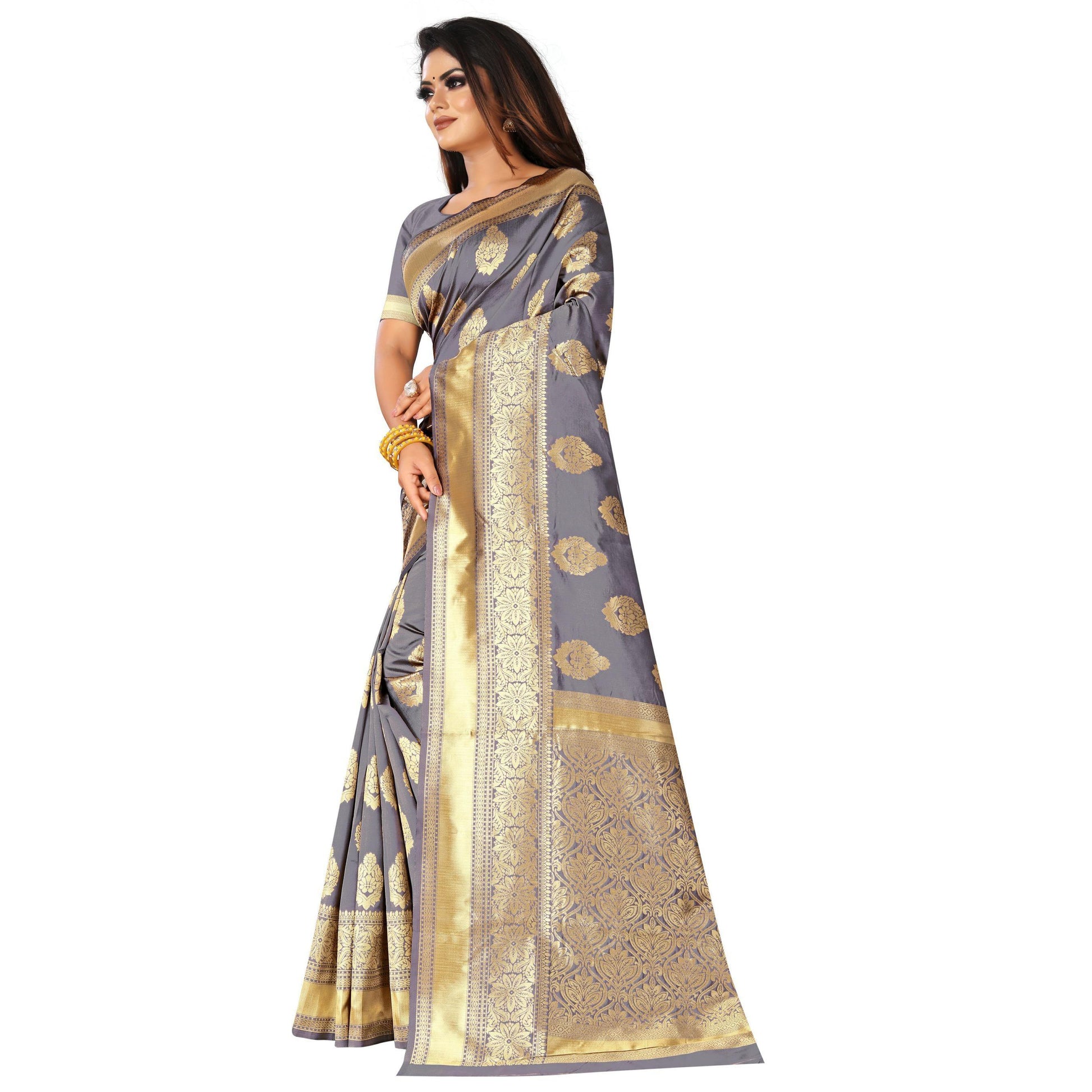 Demanding Grey Colored Festive Wear Woven Lichi Silk Saree