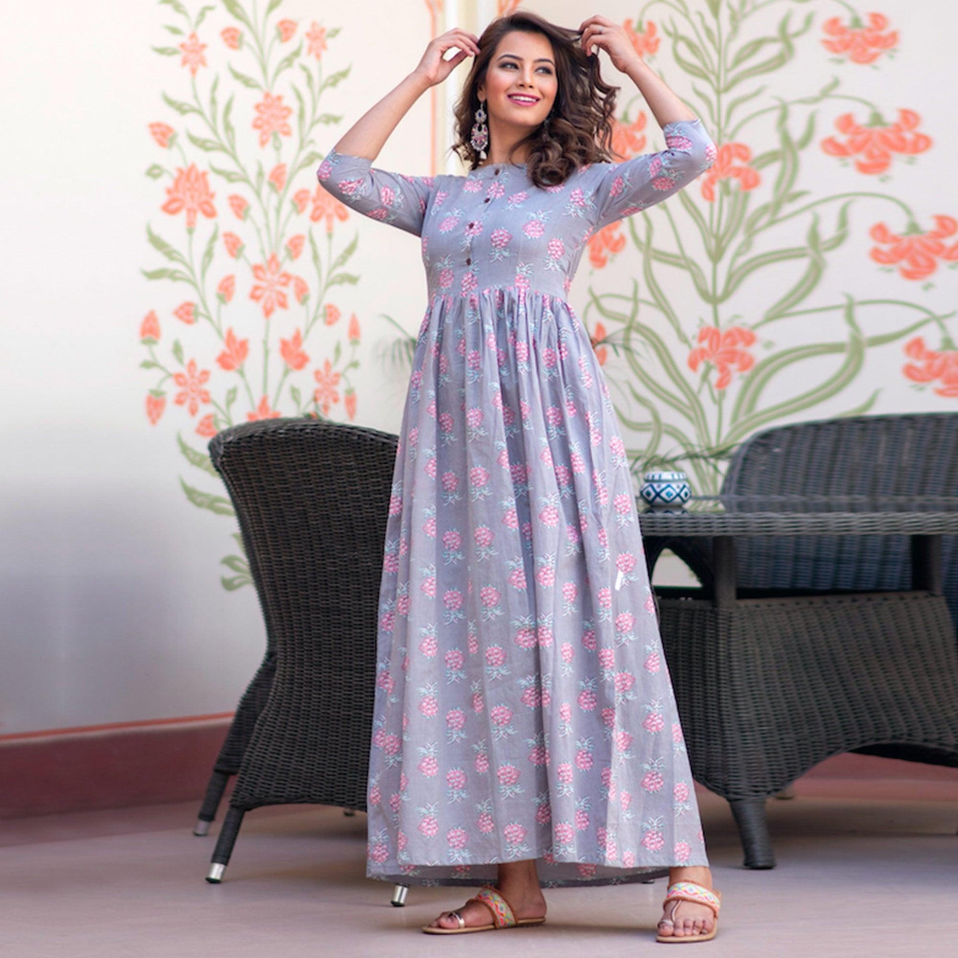 Demanding Lavender Colored Partywear Printed Muslin Blend Long Kurti