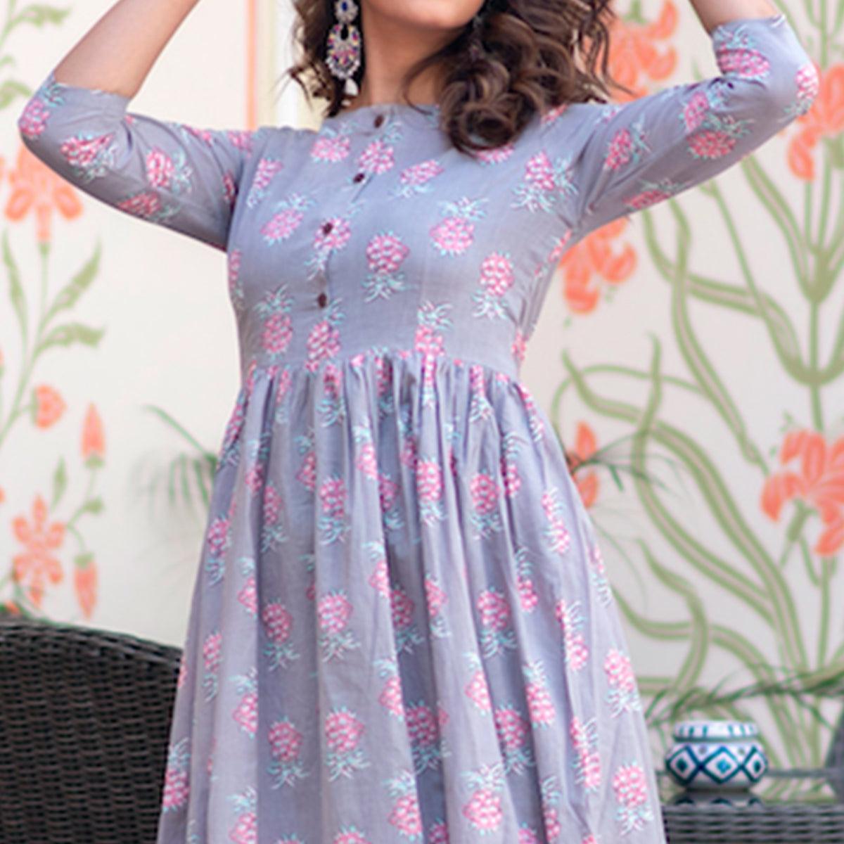 Demanding Lavender Colored Partywear Printed Muslin Blend Long Kurti