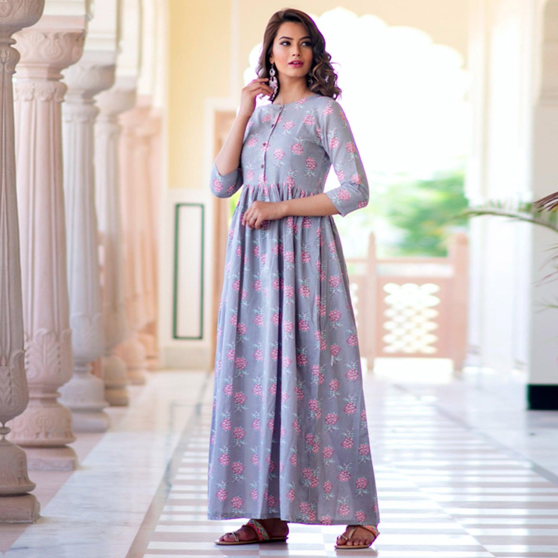 Demanding Lavender Colored Partywear Printed Muslin Blend Long Kurti