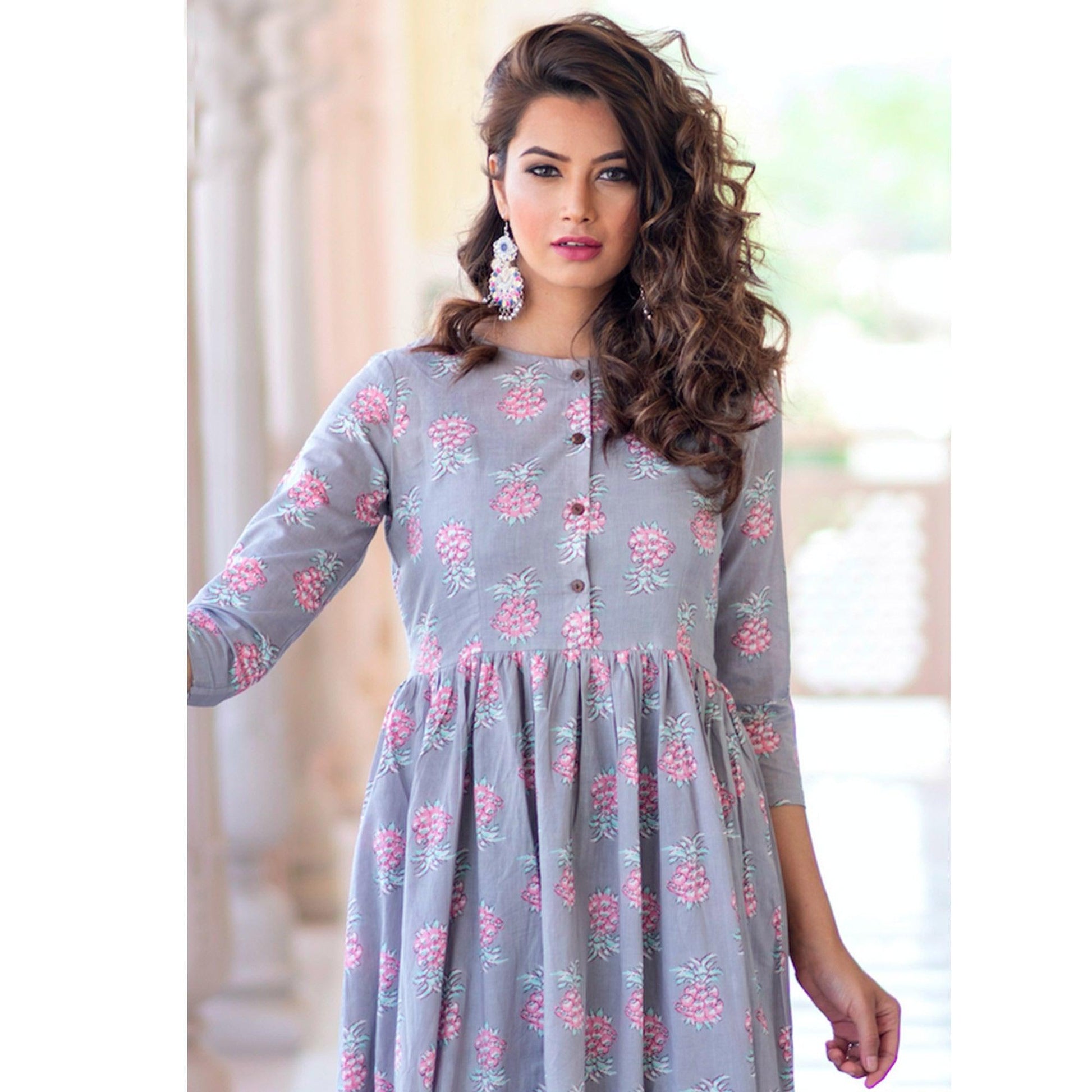 Demanding Lavender Colored Partywear Printed Muslin Blend Long Kurti