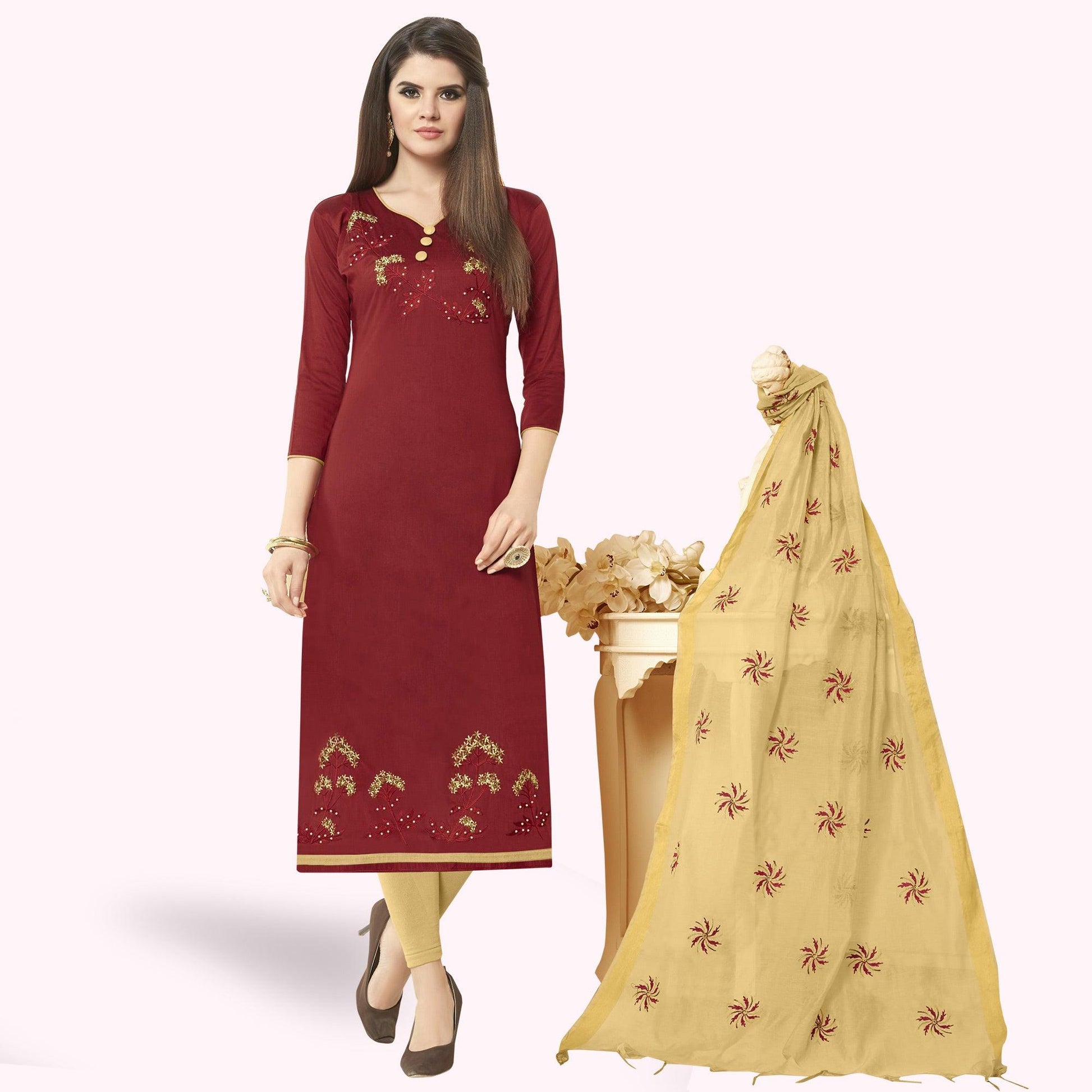Demanding Maroon Colored Casual Wear Embroidered Cotton Dress Material