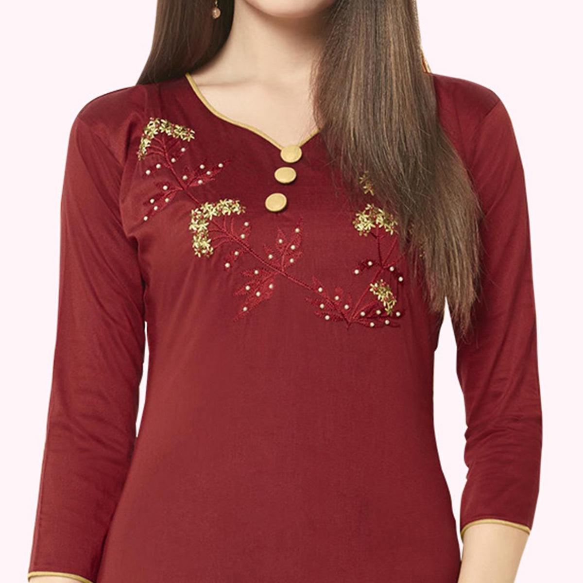 Demanding Maroon Colored Casual Wear Embroidered Cotton Dress Material