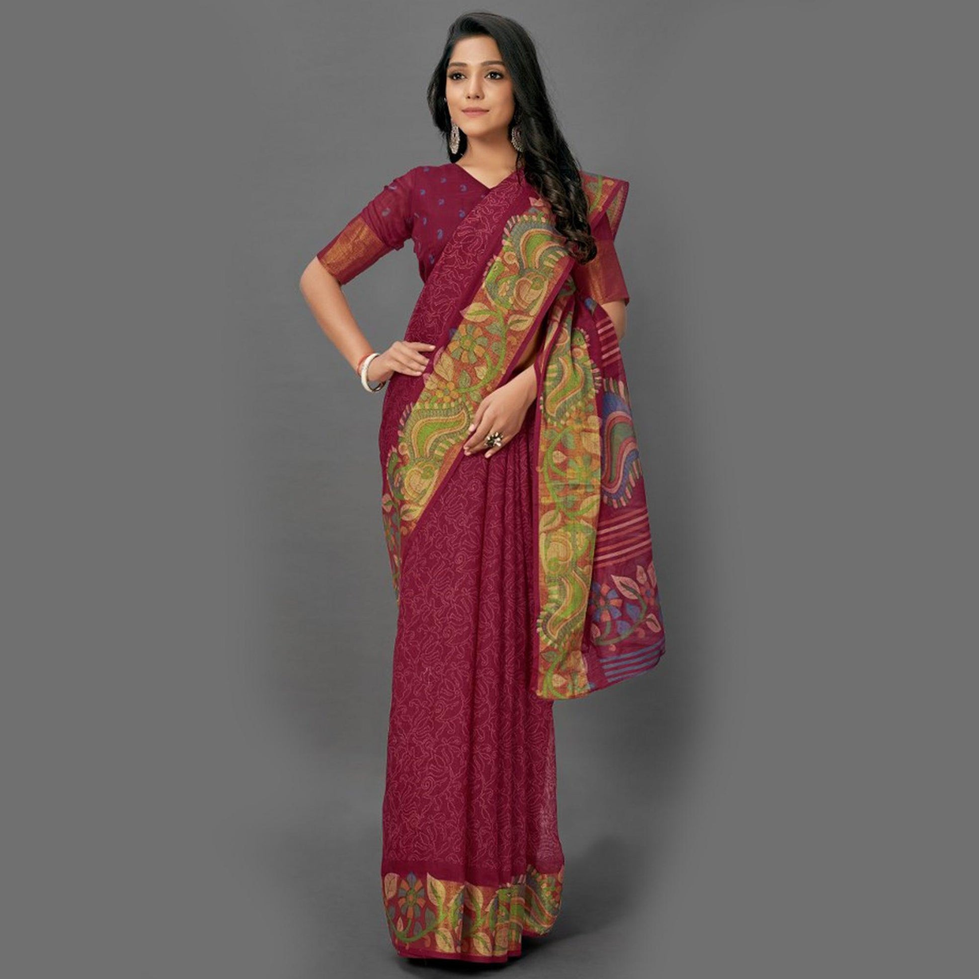 Demanding Maroon Colored Casual Wear Printed Cotton Saree