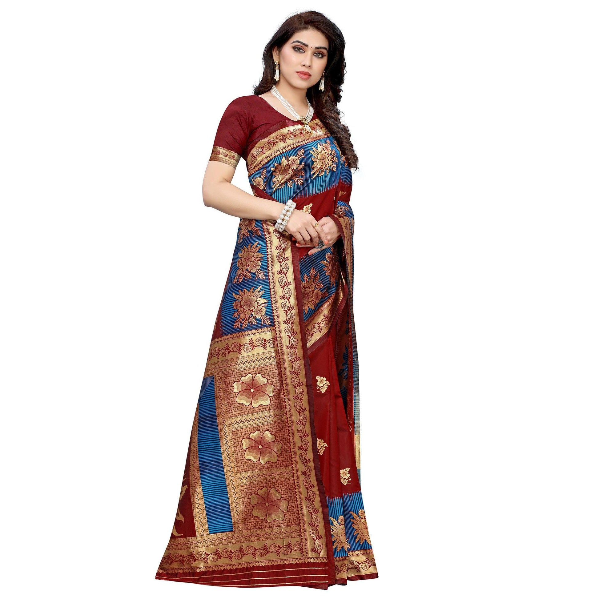 Demanding Maroon Colored Festive Wear Woven Jacquard Saree