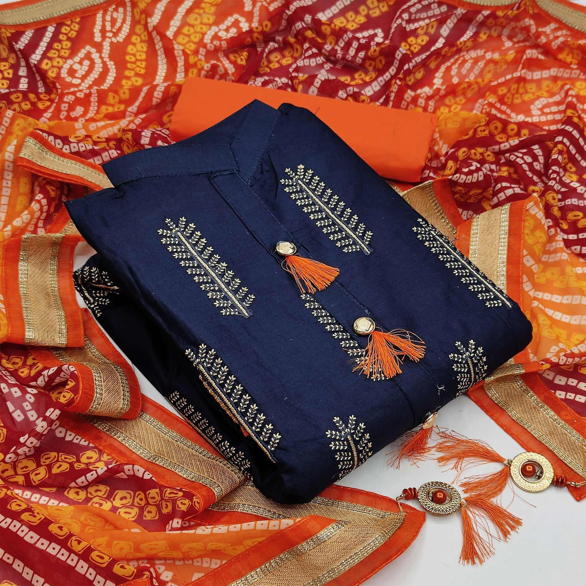 Demanding Navy Blue Colored Casual Wear Embroidered Cotton Dress Material