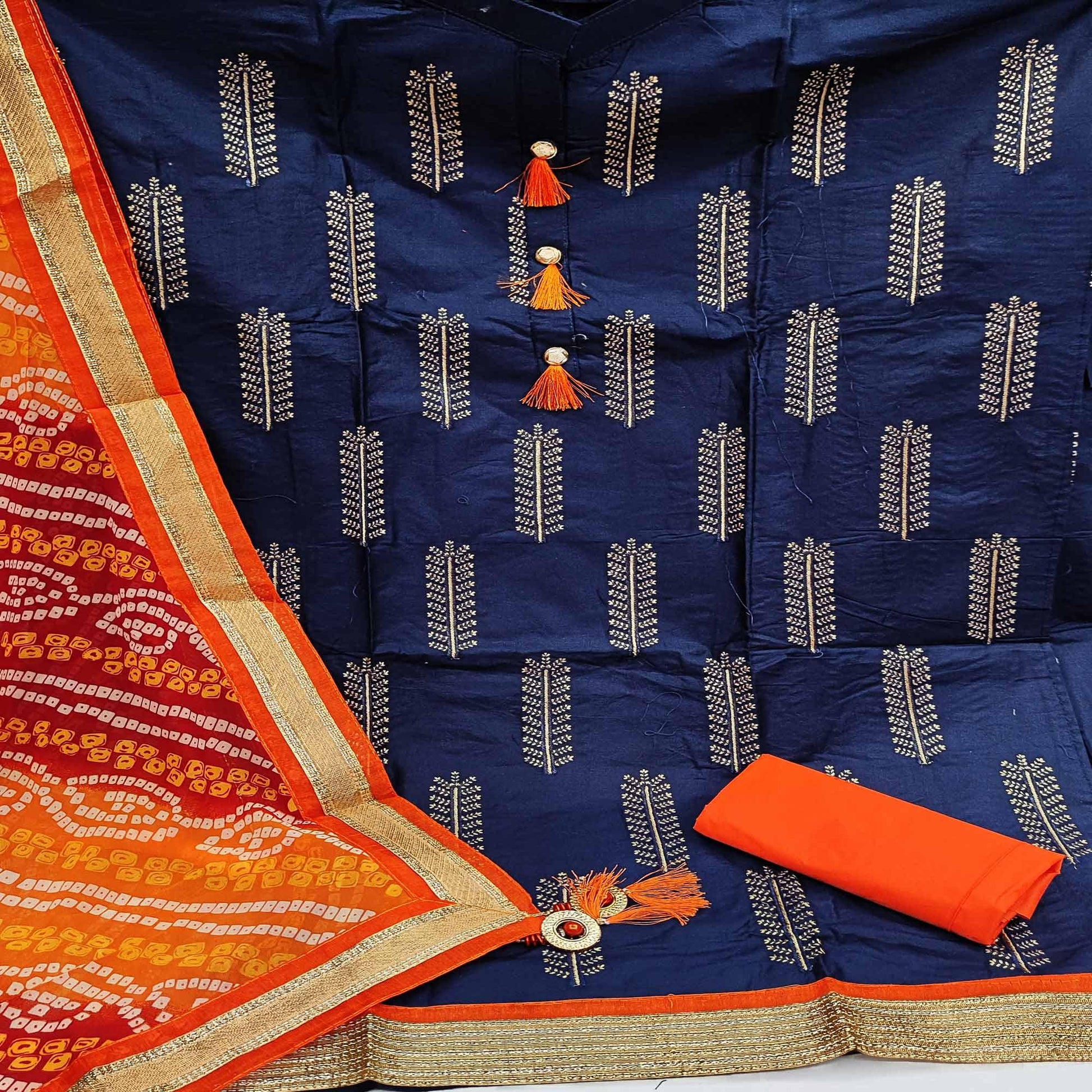 Demanding Navy Blue Colored Casual Wear Embroidered Cotton Dress Material