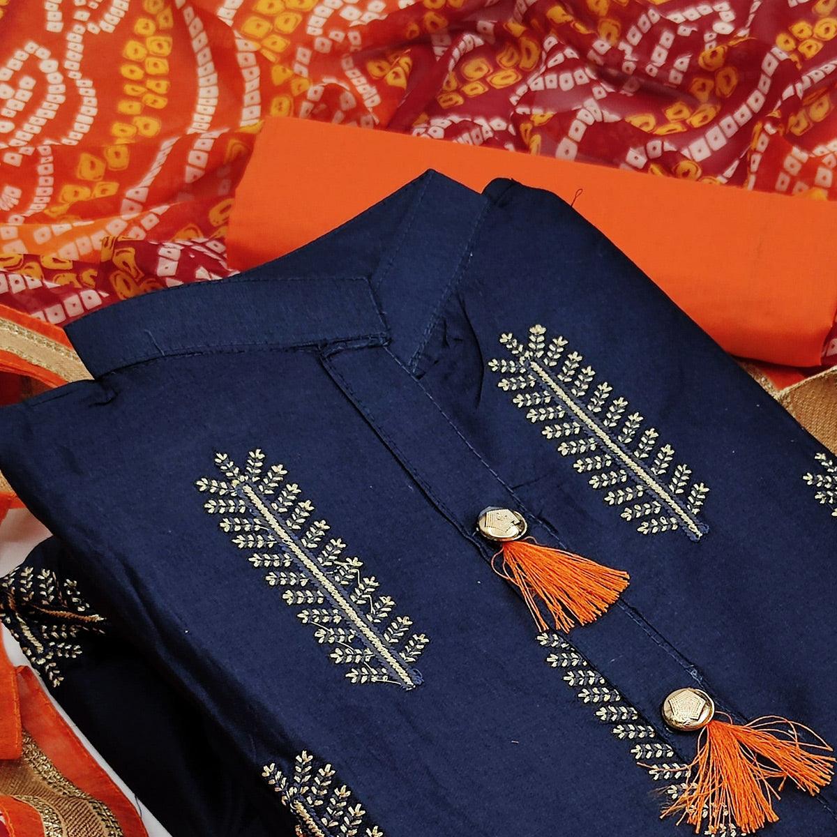 Demanding Navy Blue Colored Casual Wear Embroidered Cotton Dress Material