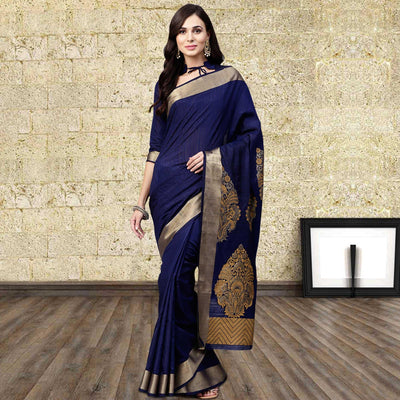 Demanding Navy Blue Colored Festive Wear Woven Silk Blend Saree