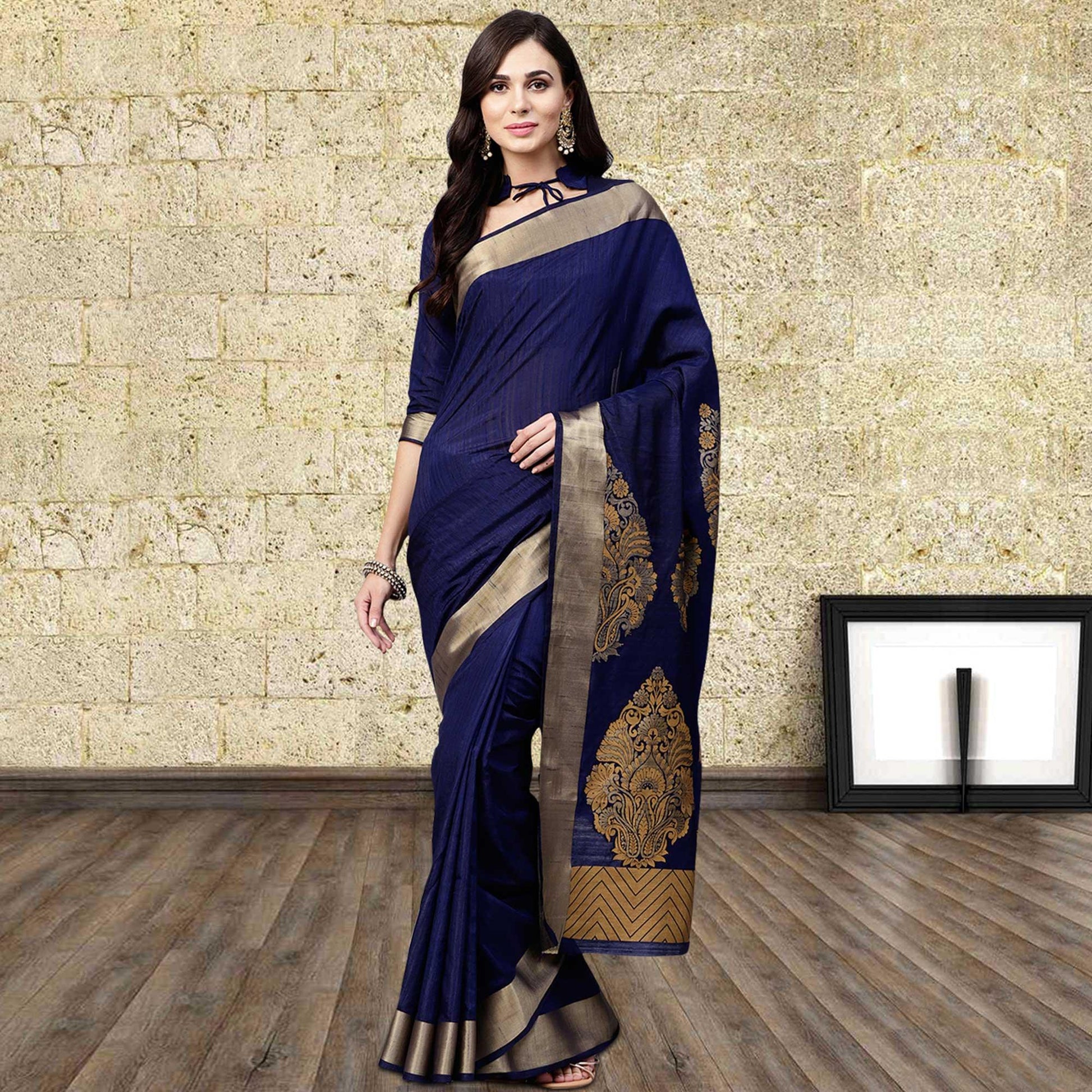 Demanding Navy Blue Colored Festive Wear Woven Silk Blend Saree