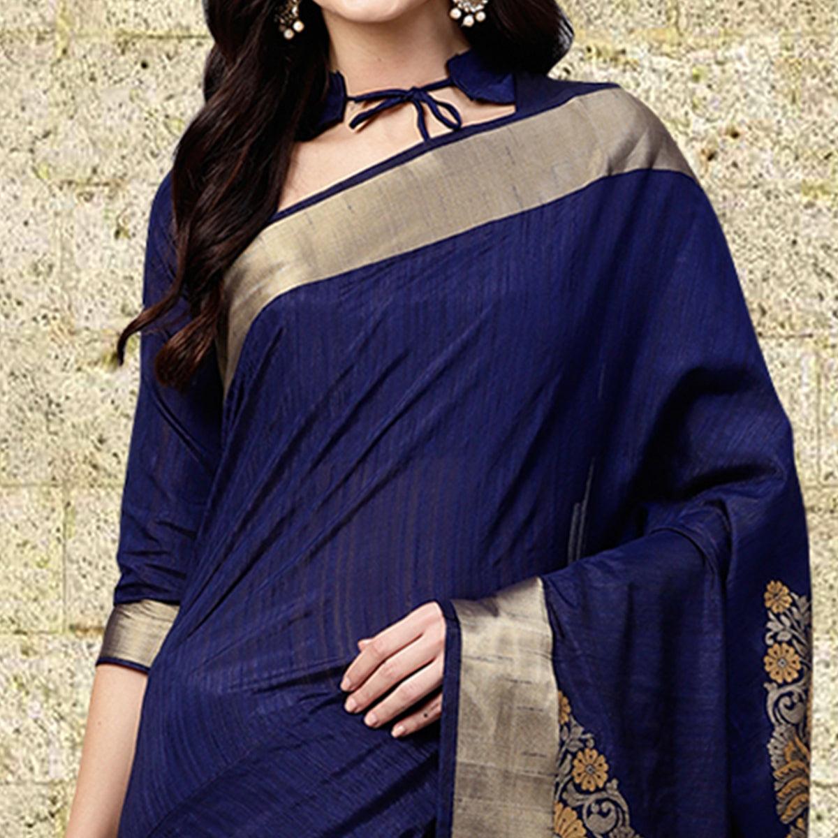 Demanding Navy Blue Colored Festive Wear Woven Silk Blend Saree