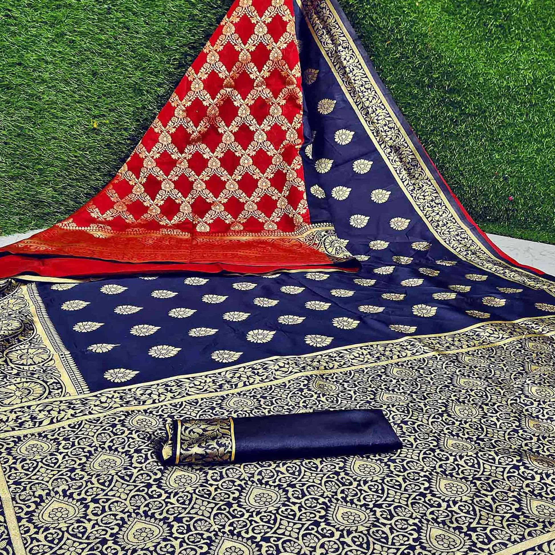 Demanding Navy Blue -  Red Colored Festive Wear Woven Heavy Art Silk Saree