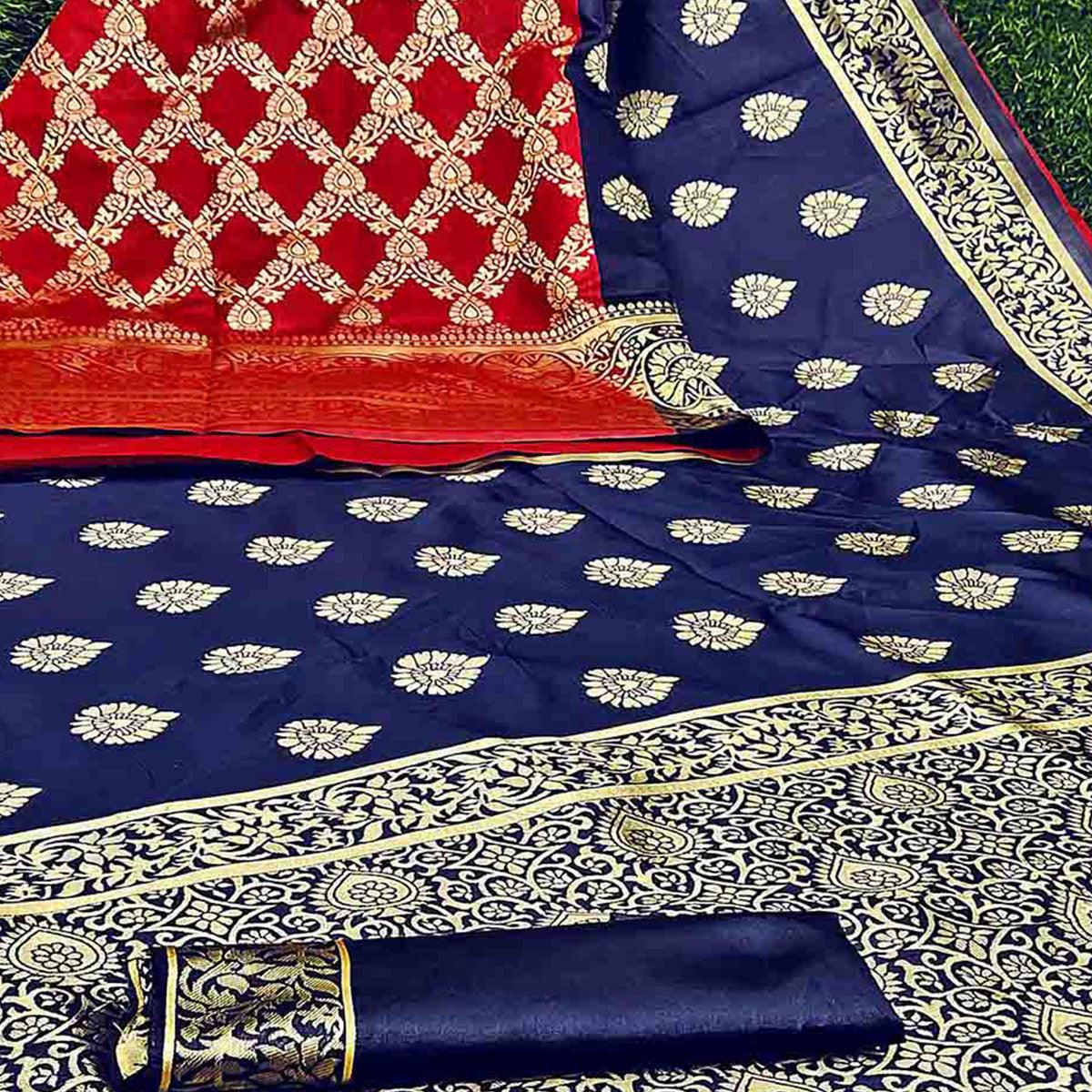Demanding Navy Blue -  Red Colored Festive Wear Woven Heavy Art Silk Saree