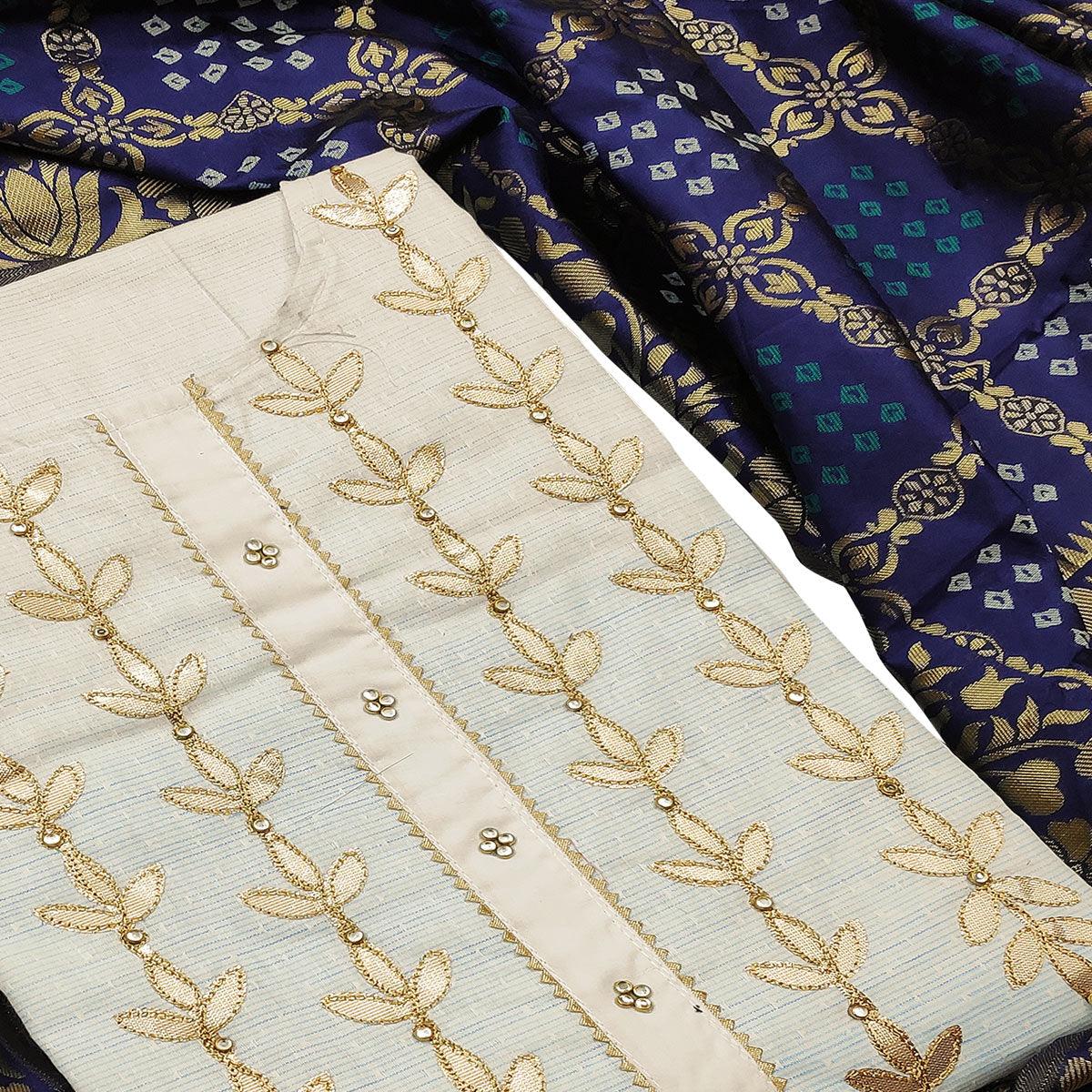 Demanding Offwhite - Navy Blue Colored Casual Embroidered Cotton Dress Material