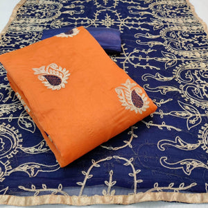 Demanding Orange Colored Casual Wear Embroidered Chanderi Dress Material