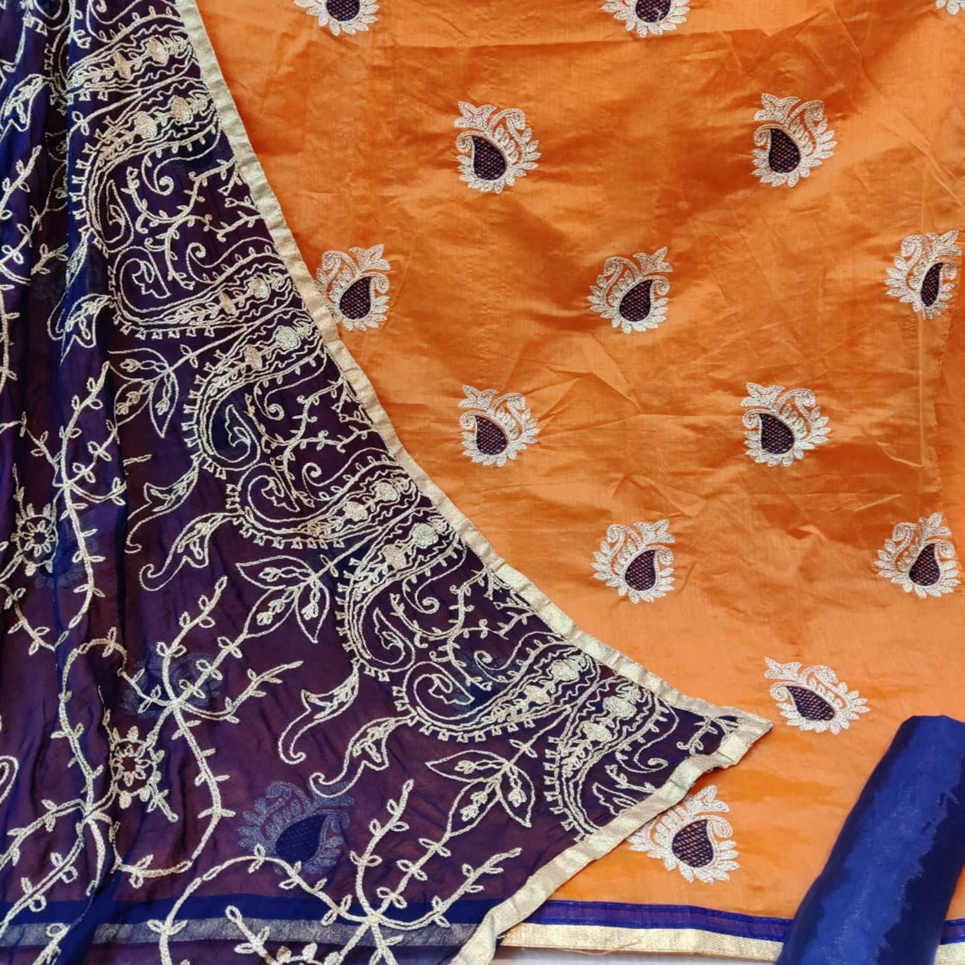 Demanding Orange Colored Casual Wear Embroidered Chanderi Dress Material