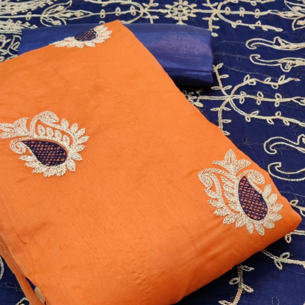Demanding Orange Colored Casual Wear Embroidered Chanderi Dress Material