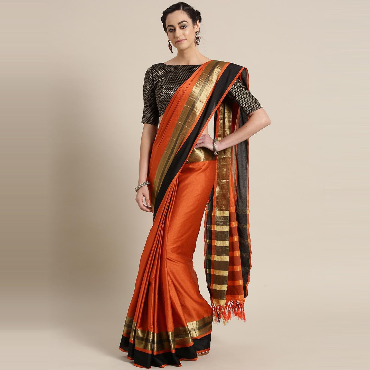 Demanding Orange Colored Festive Wear Woven Cotton Silk Saree
