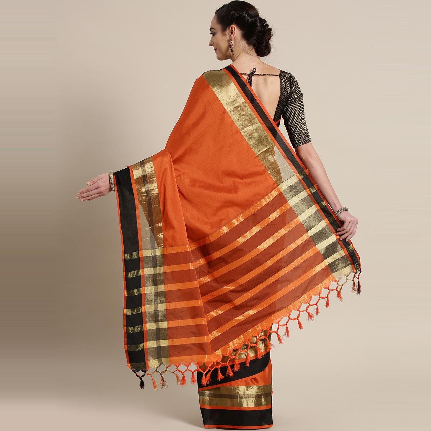 Demanding Orange Colored Festive Wear Woven Cotton Silk Saree