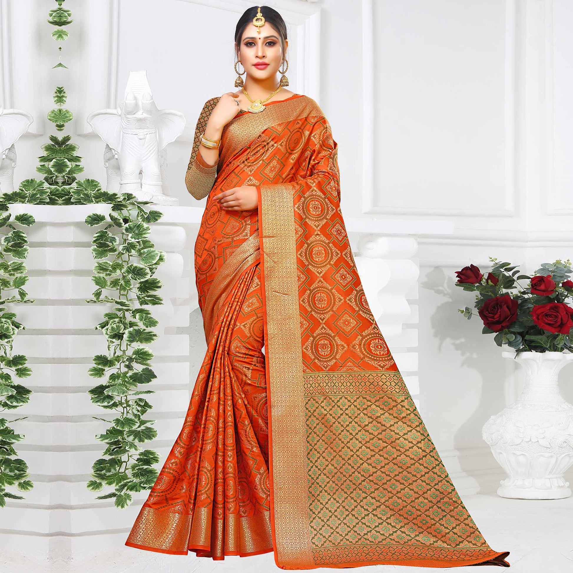 Demanding Orange Colored Festive Wear Woven Silk Saree