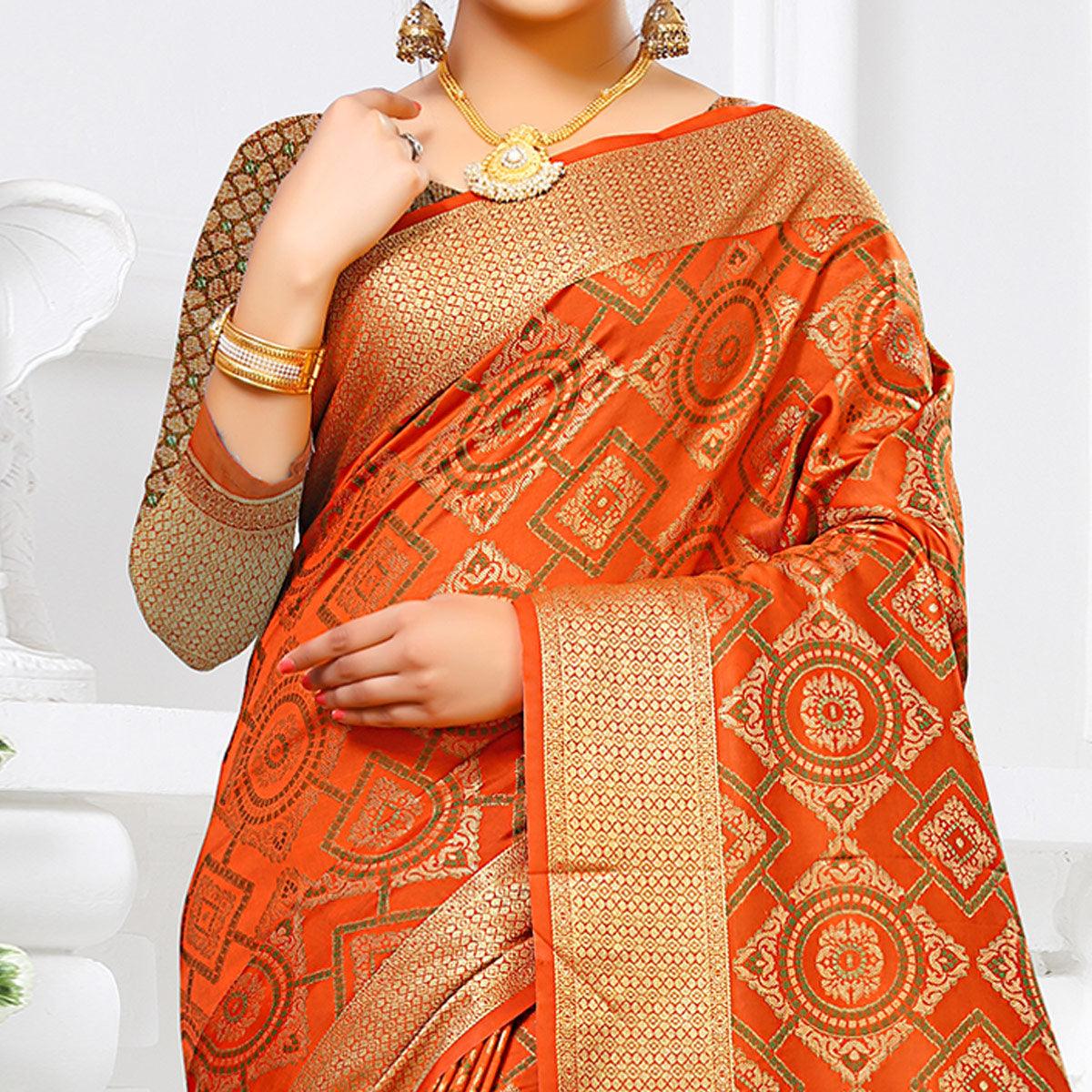 Demanding Orange Colored Festive Wear Woven Silk Saree