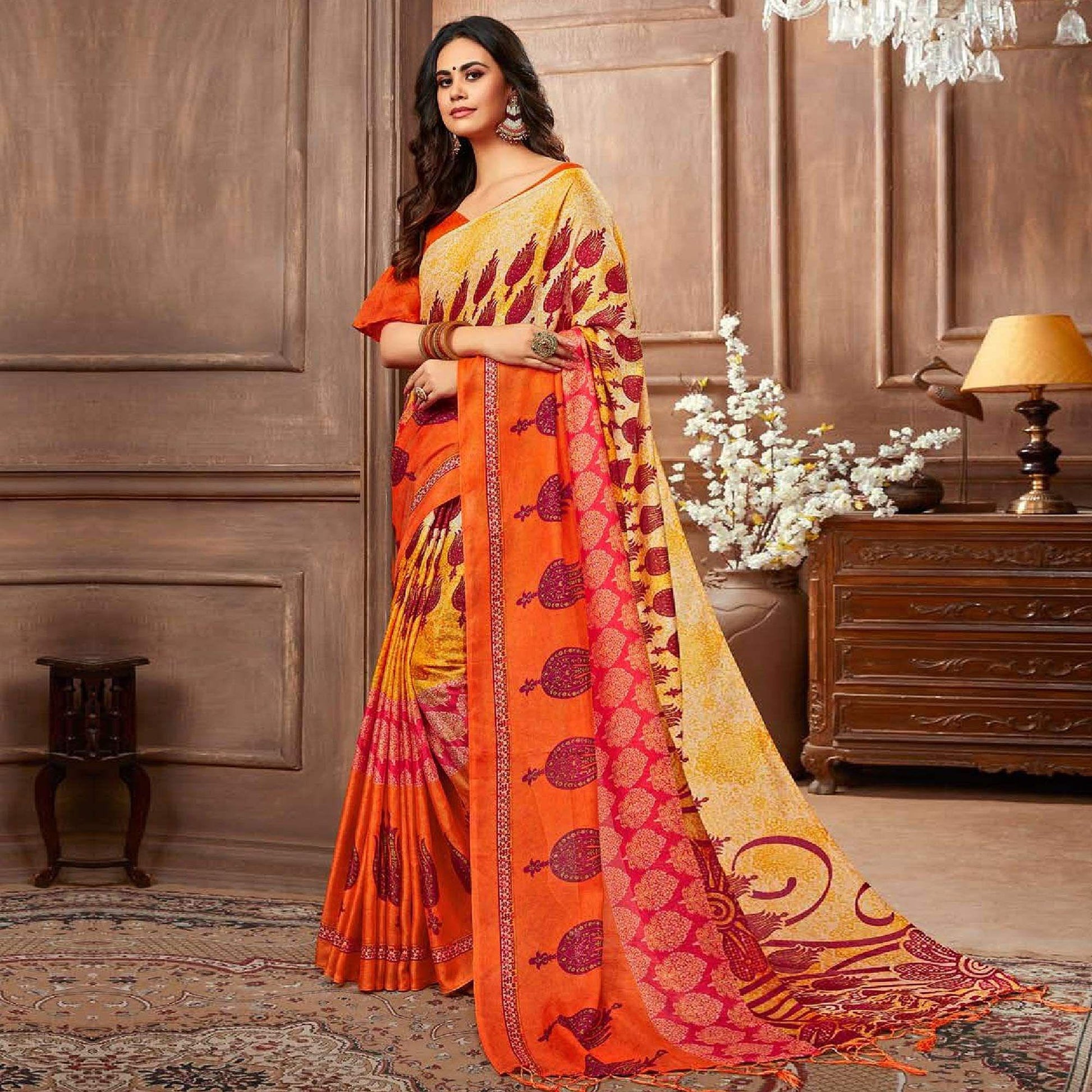 Demanding Orange-Multi Colored Casual Printed Linen Silk Saree