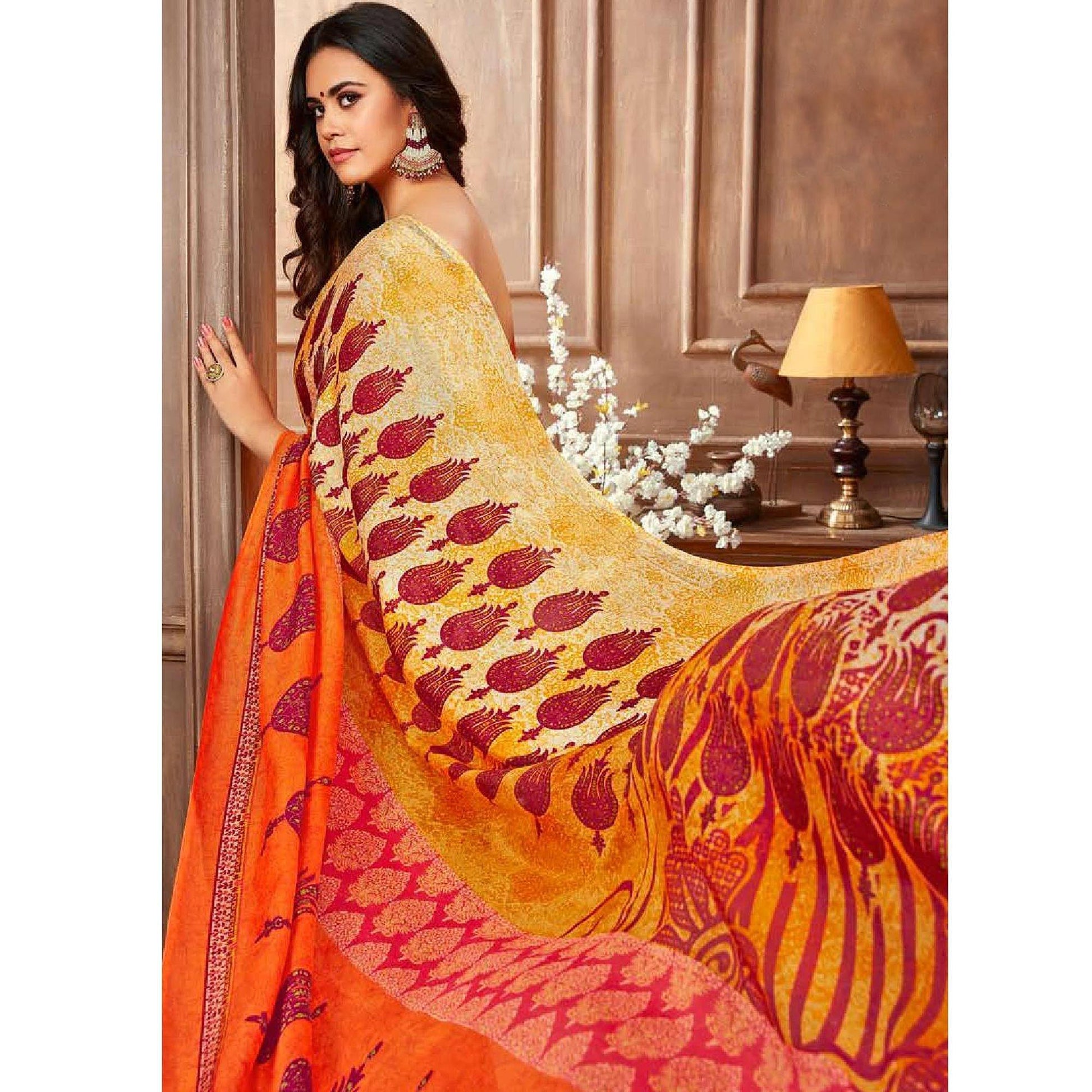 Demanding Orange-Multi Colored Casual Printed Linen Silk Saree