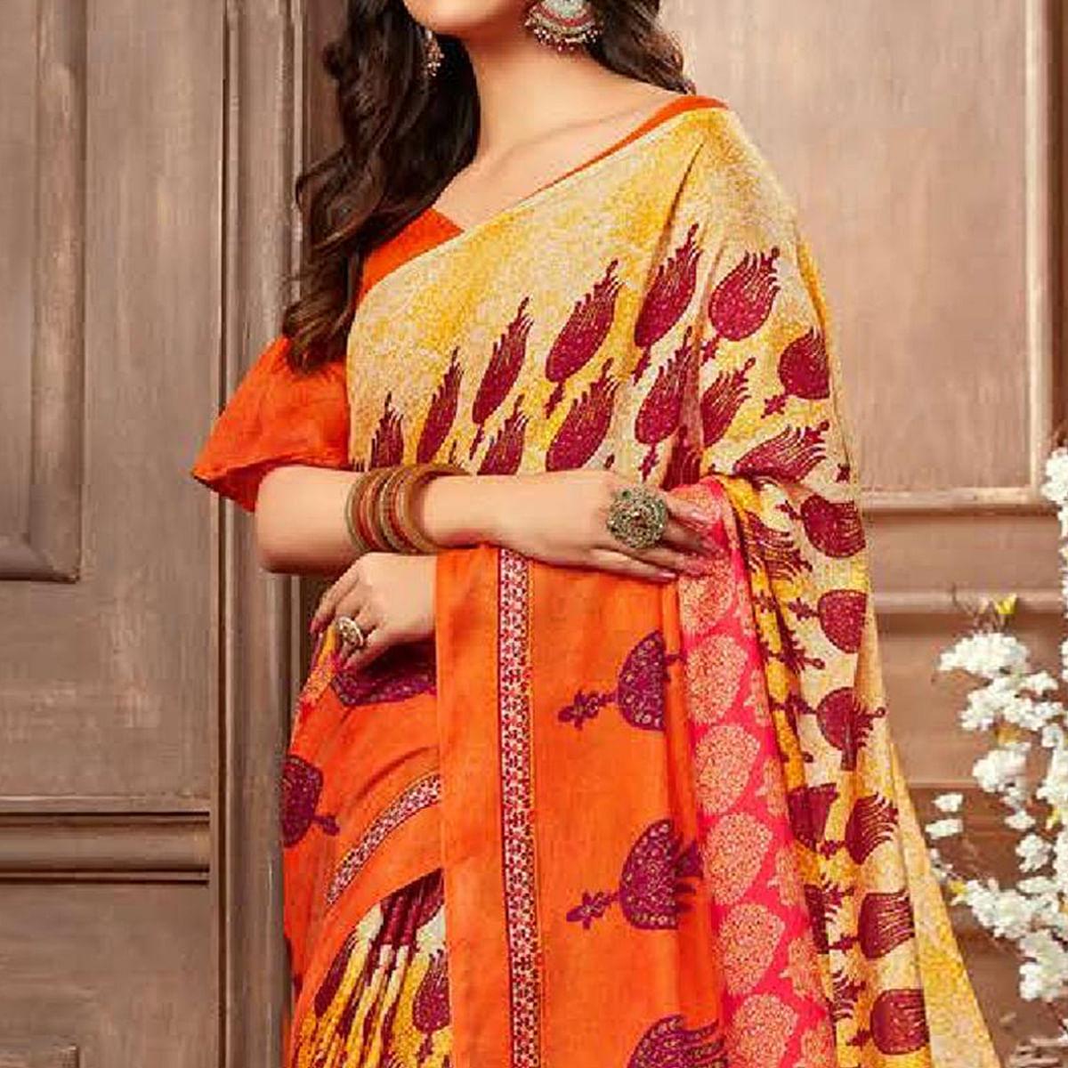 Demanding Orange-Multi Colored Casual Printed Linen Silk Saree