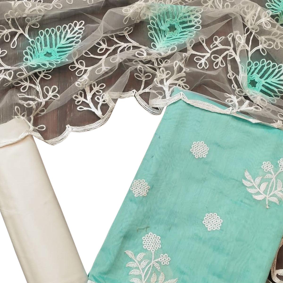 Demanding Pastel Blue Colored Casual Embroidered Chanderi Dress Material