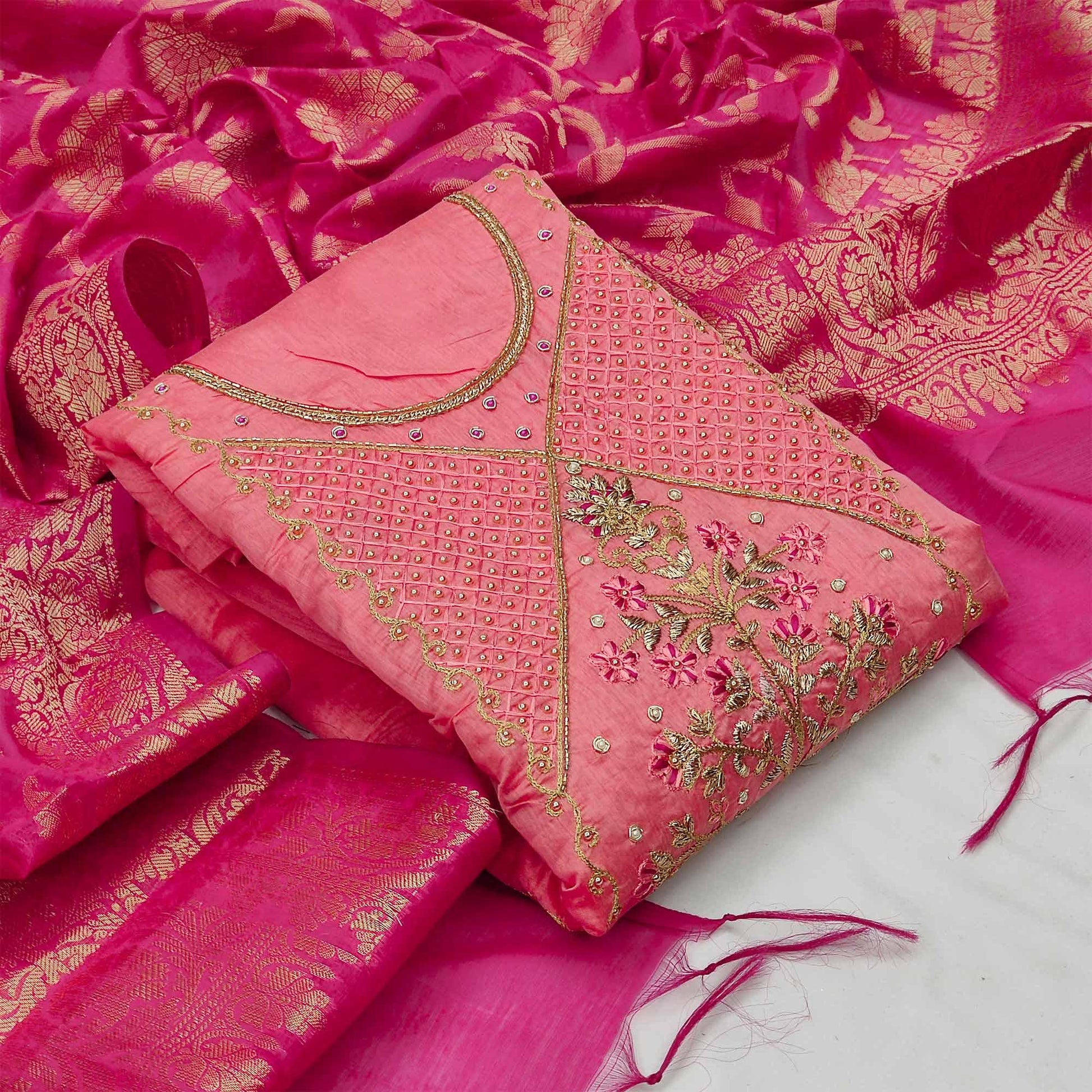 Demanding Pink Colored Festive Wear Embroidered Modal Chanderi Dress Material
