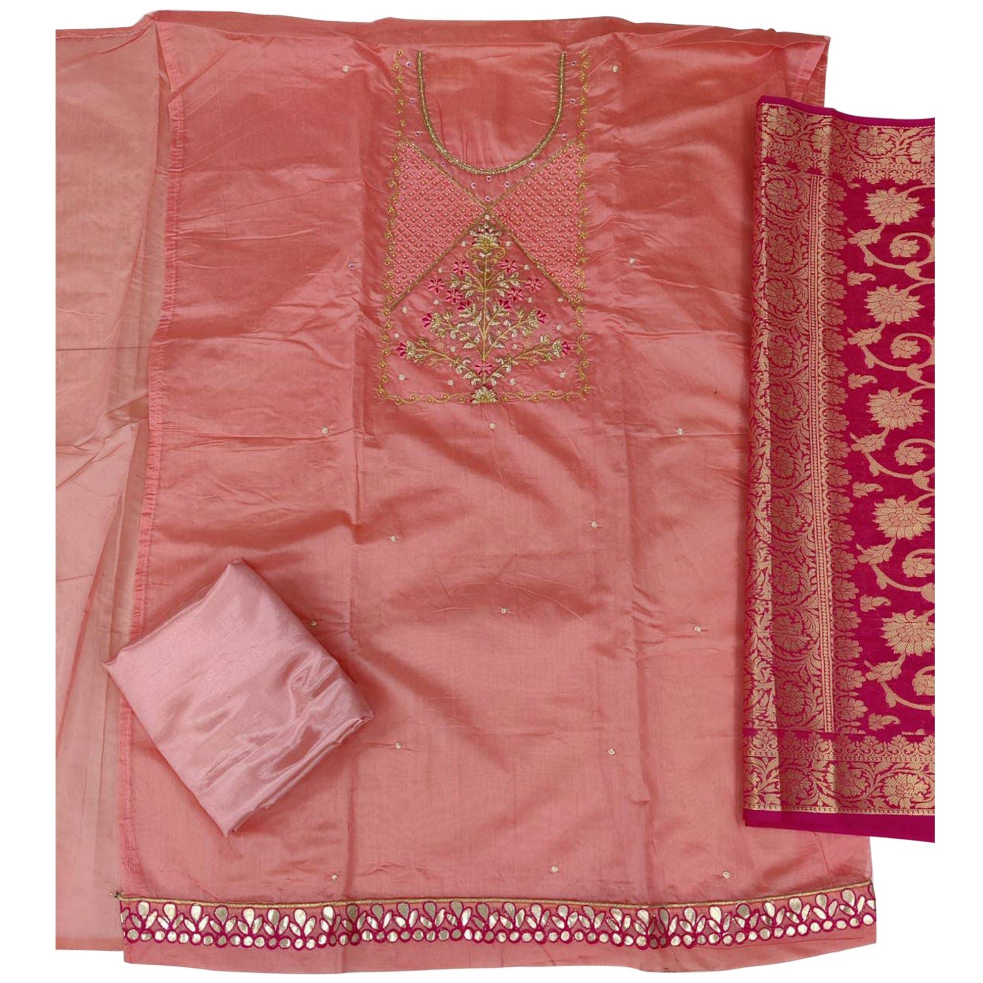 Demanding Pink Colored Festive Wear Embroidered Modal Chanderi Dress Material