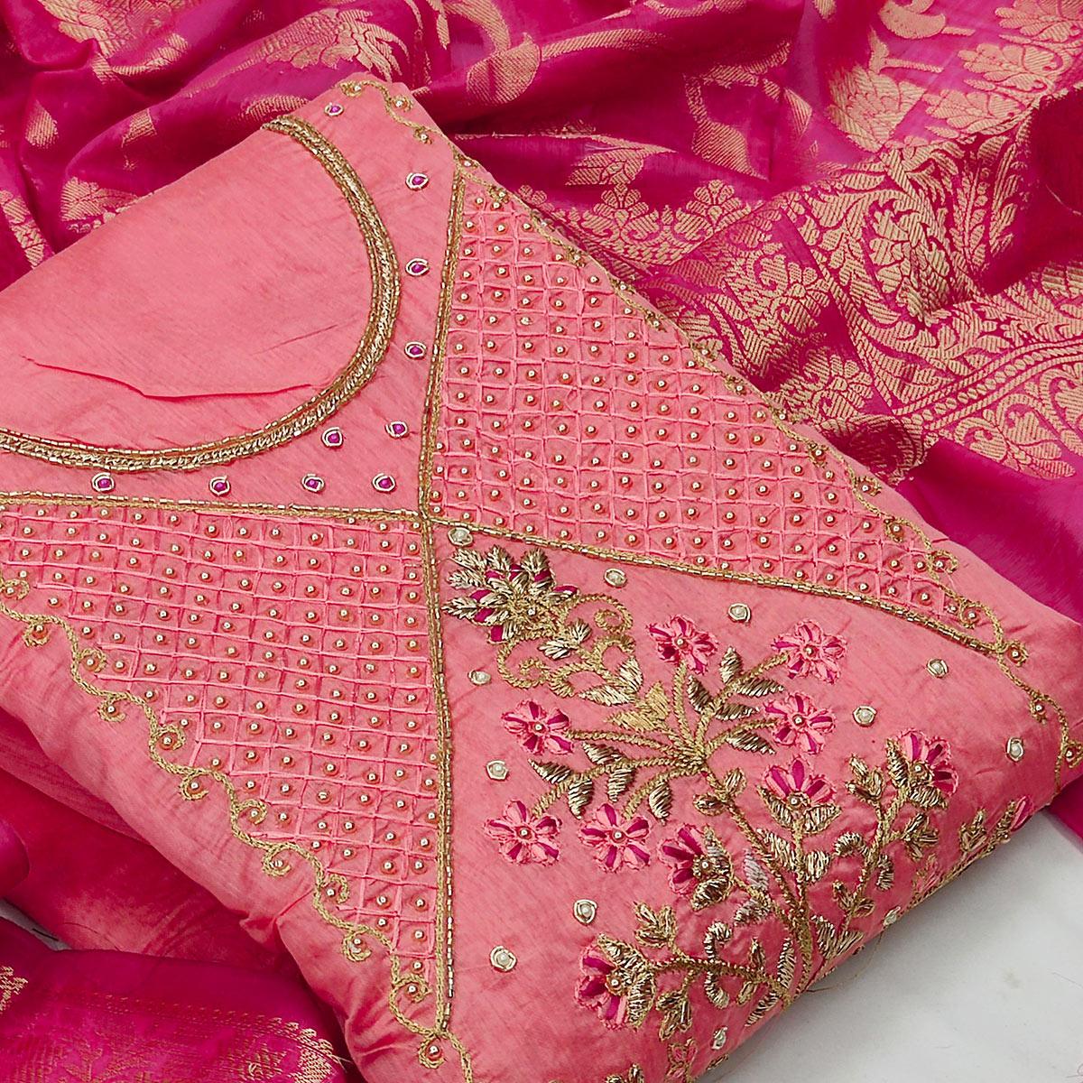 Demanding Pink Colored Festive Wear Embroidered Modal Chanderi Dress Material