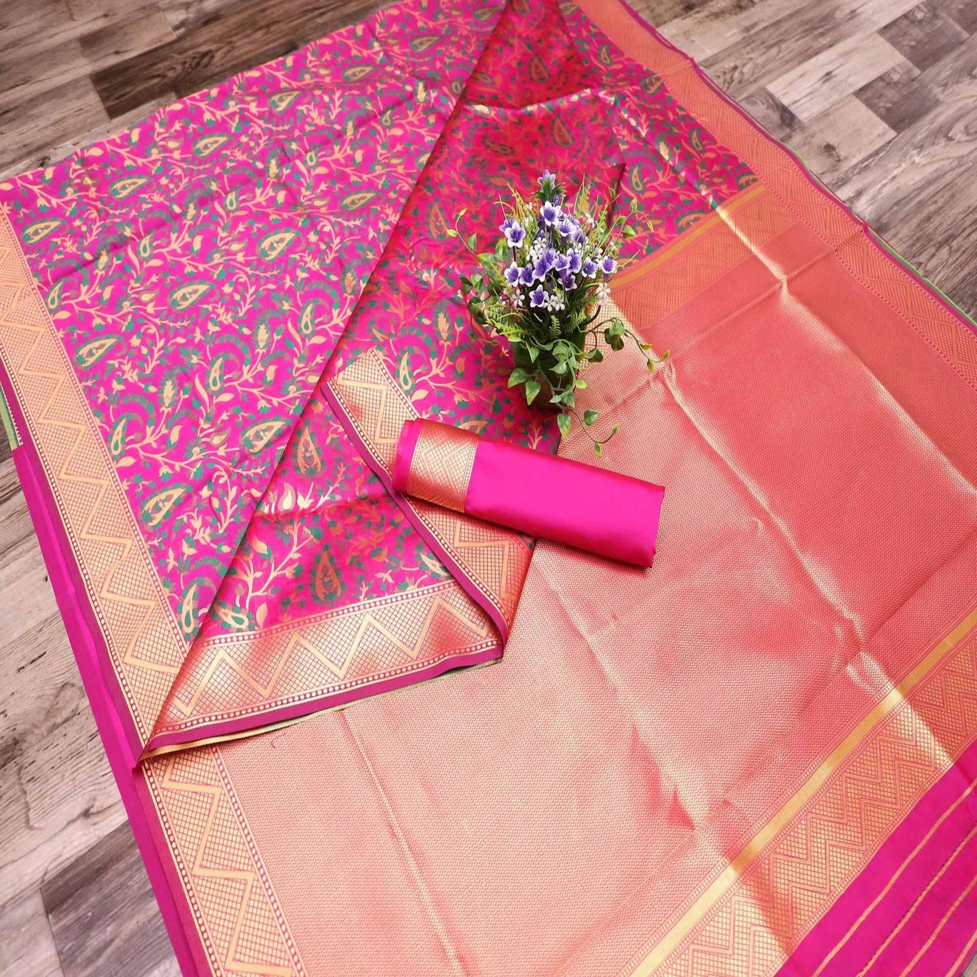 Demanding Pink Colored Festive Wear Printed Banarasi Silk Saree