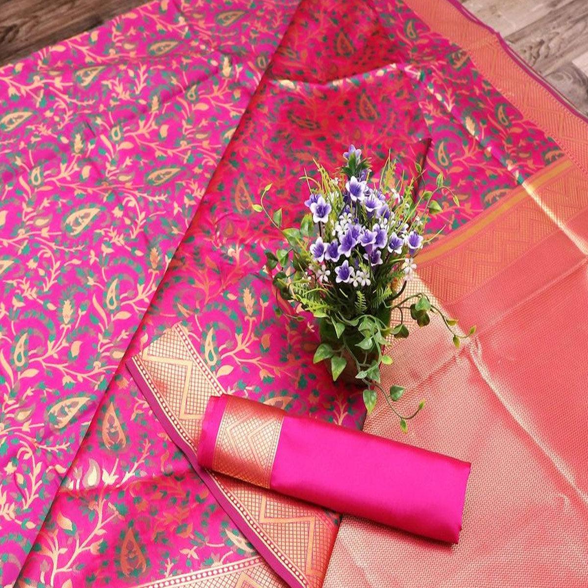 Demanding Pink Colored Festive Wear Printed Banarasi Silk Saree