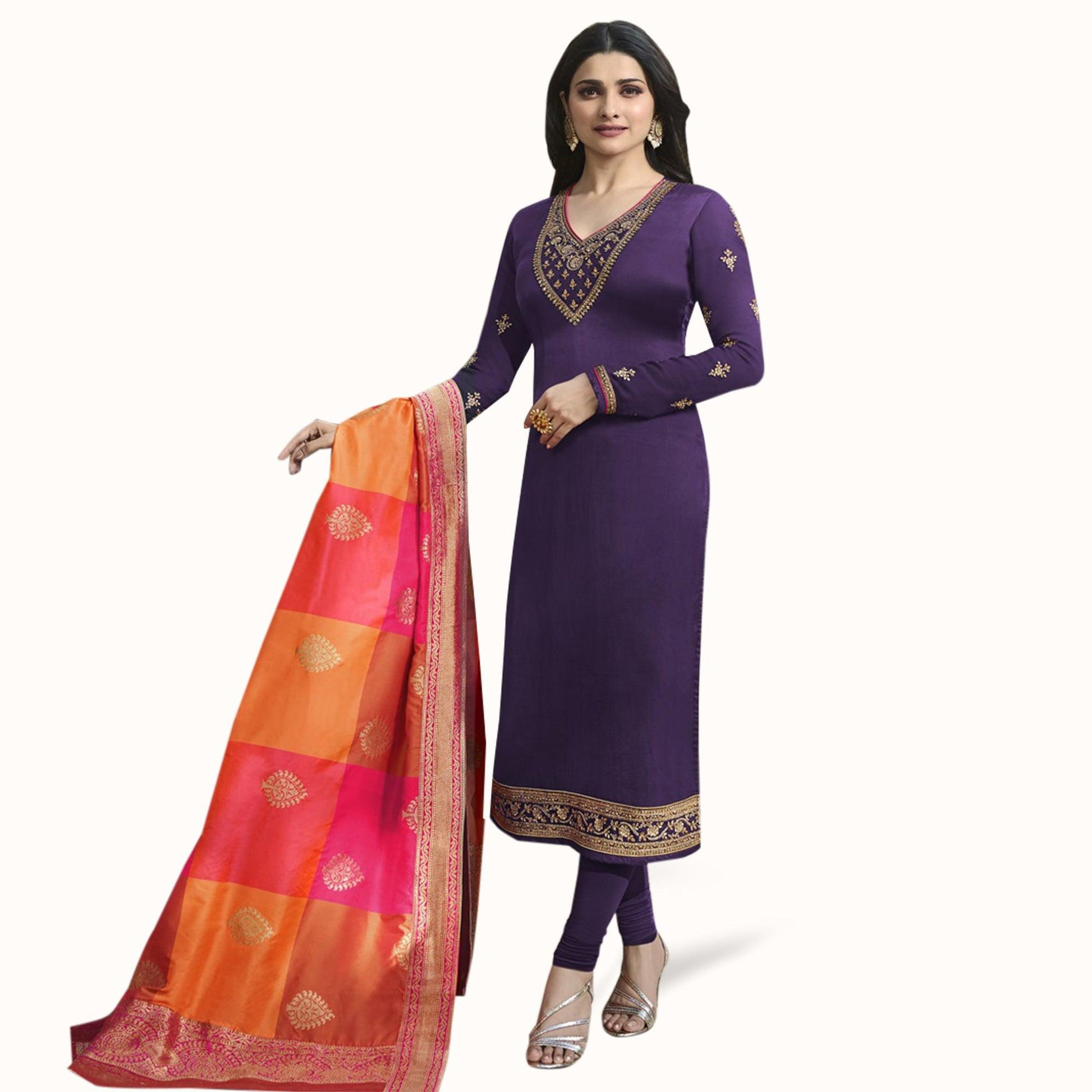 Demanding Purple Colored Party Wear Embroidered Georgette Suit
