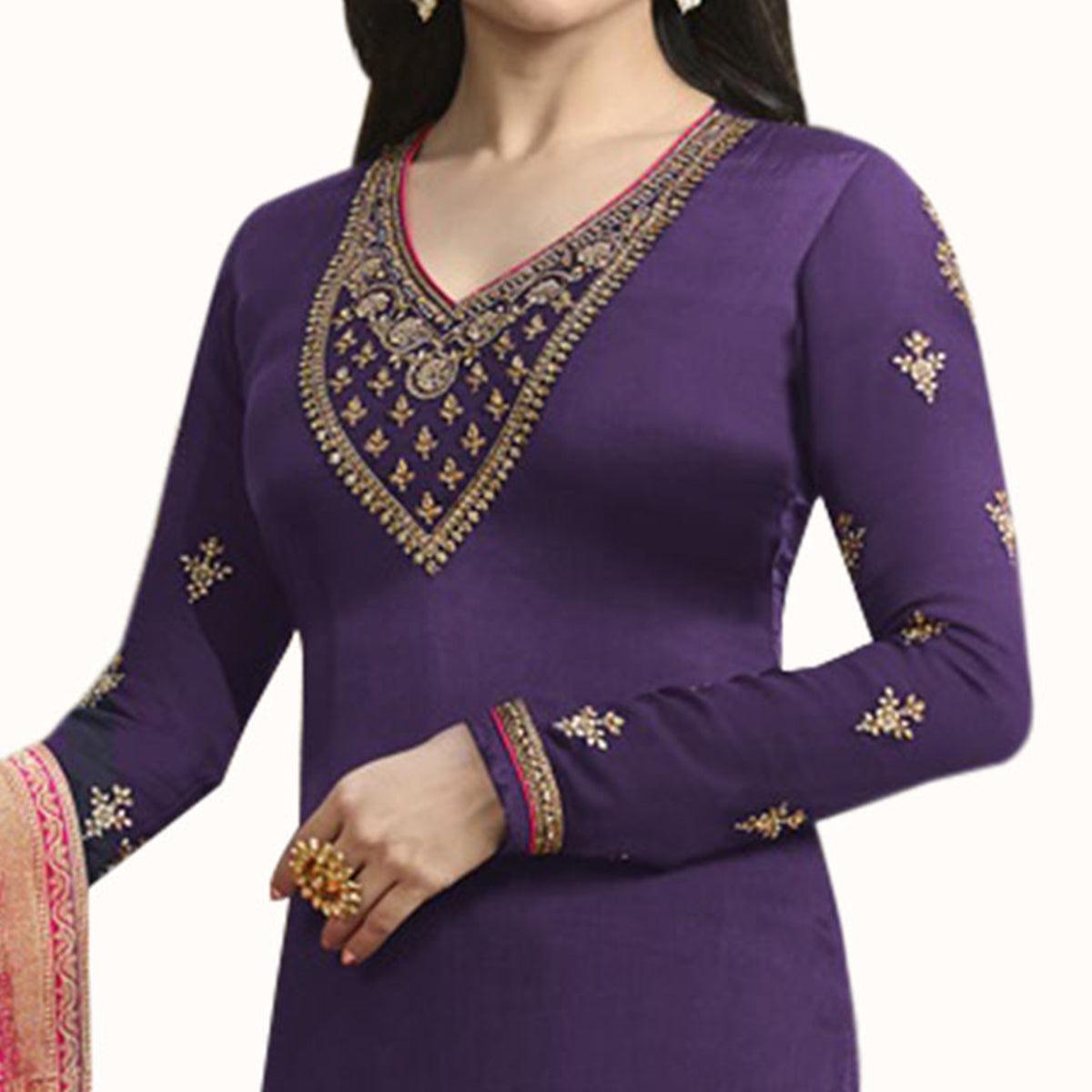 Demanding Purple Colored Party Wear Embroidered Georgette Suit