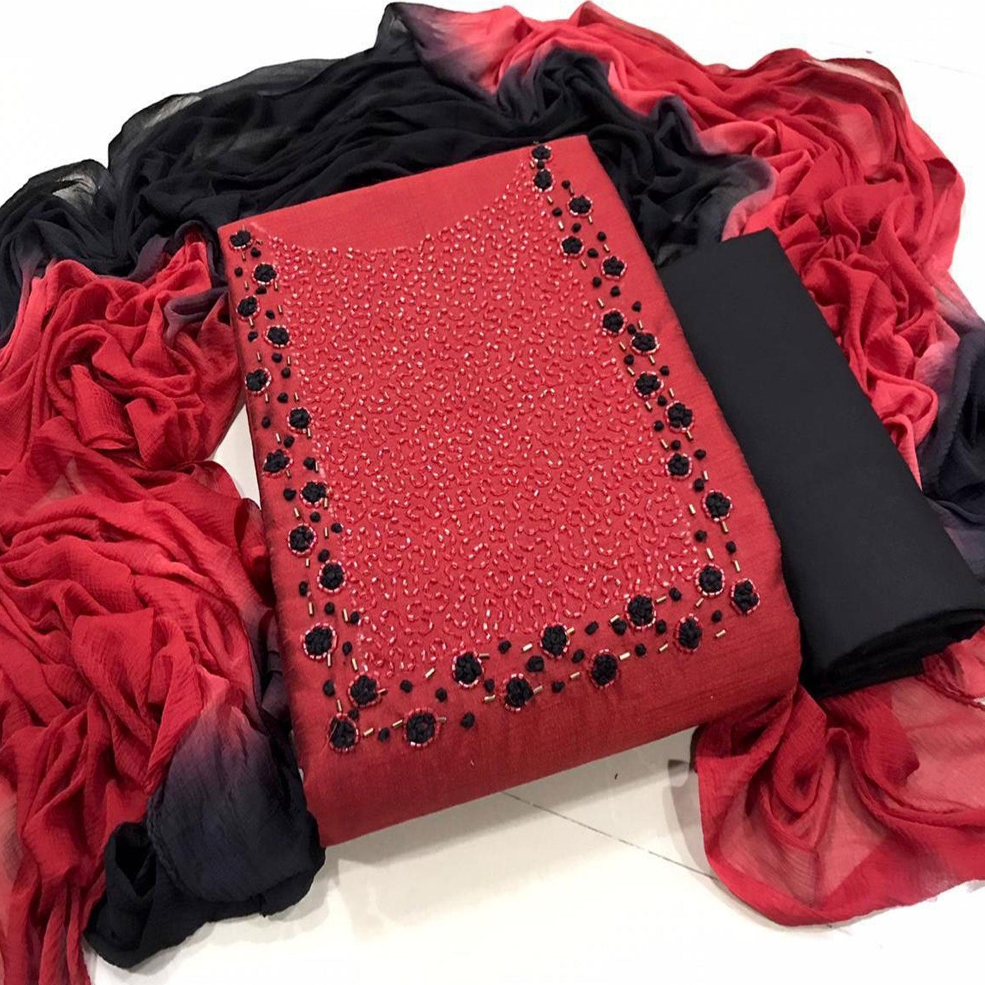Demanding Red Colored Casual Wear Embroidered Semi Modal Dress Material