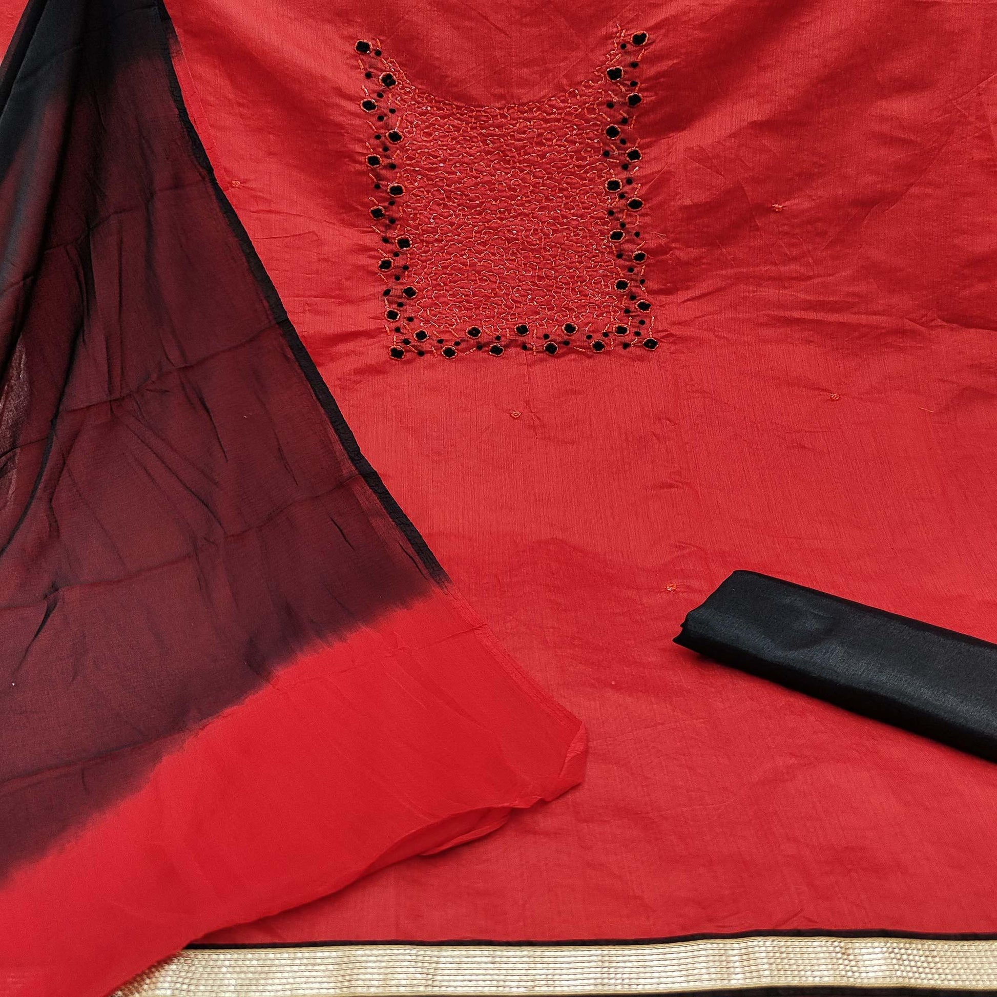 Demanding Red Colored Casual Wear Embroidered Semi Modal Dress Material