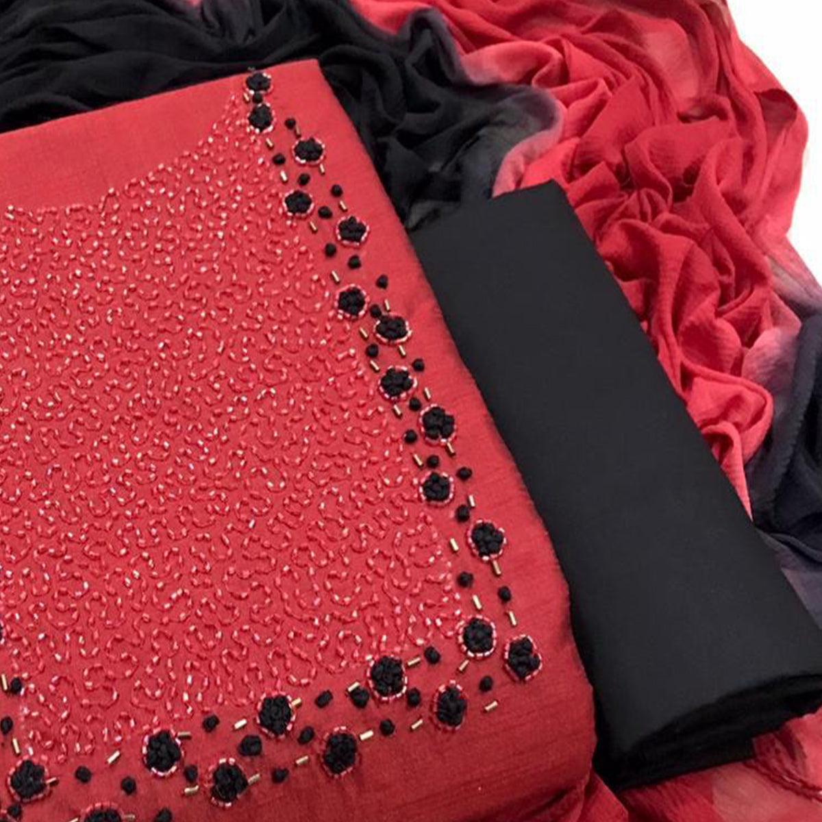 Demanding Red Colored Casual Wear Embroidered Semi Modal Dress Material