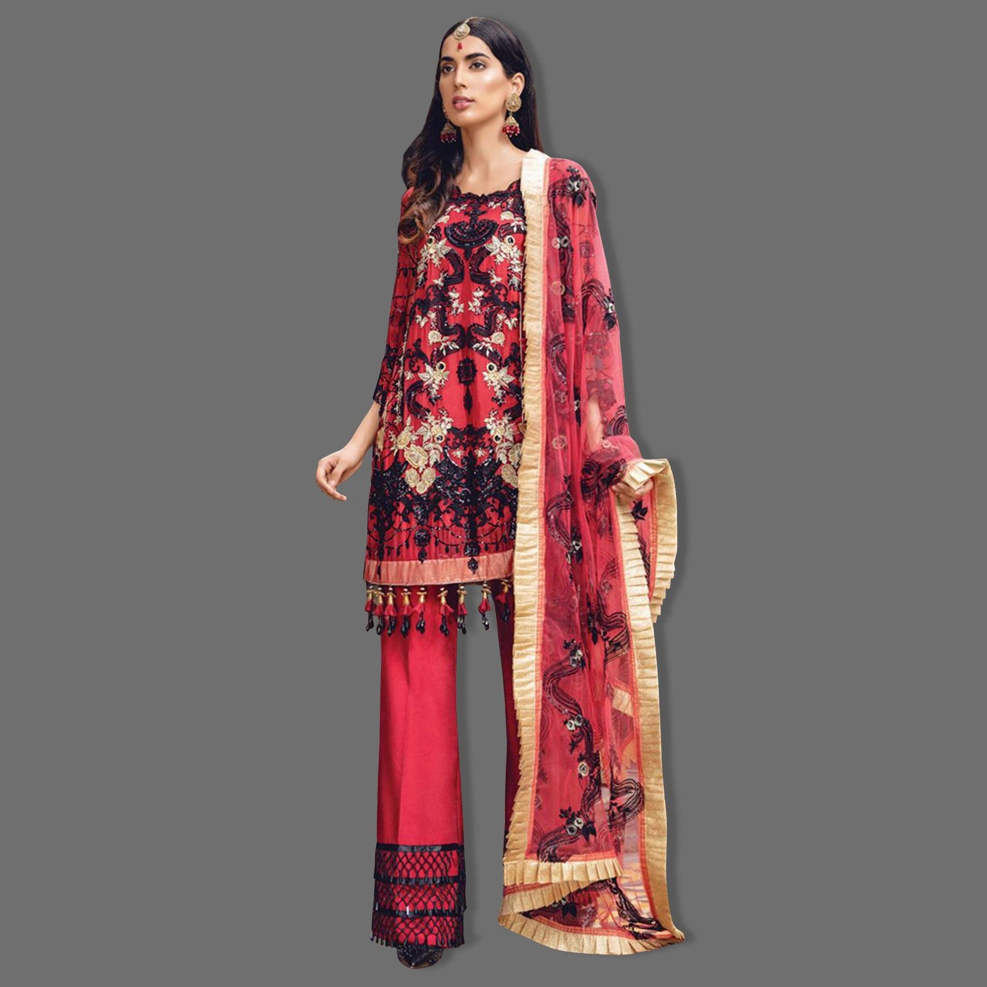 Demanding Red Colored Partywear Embroidered Georgette Palazzo Suit