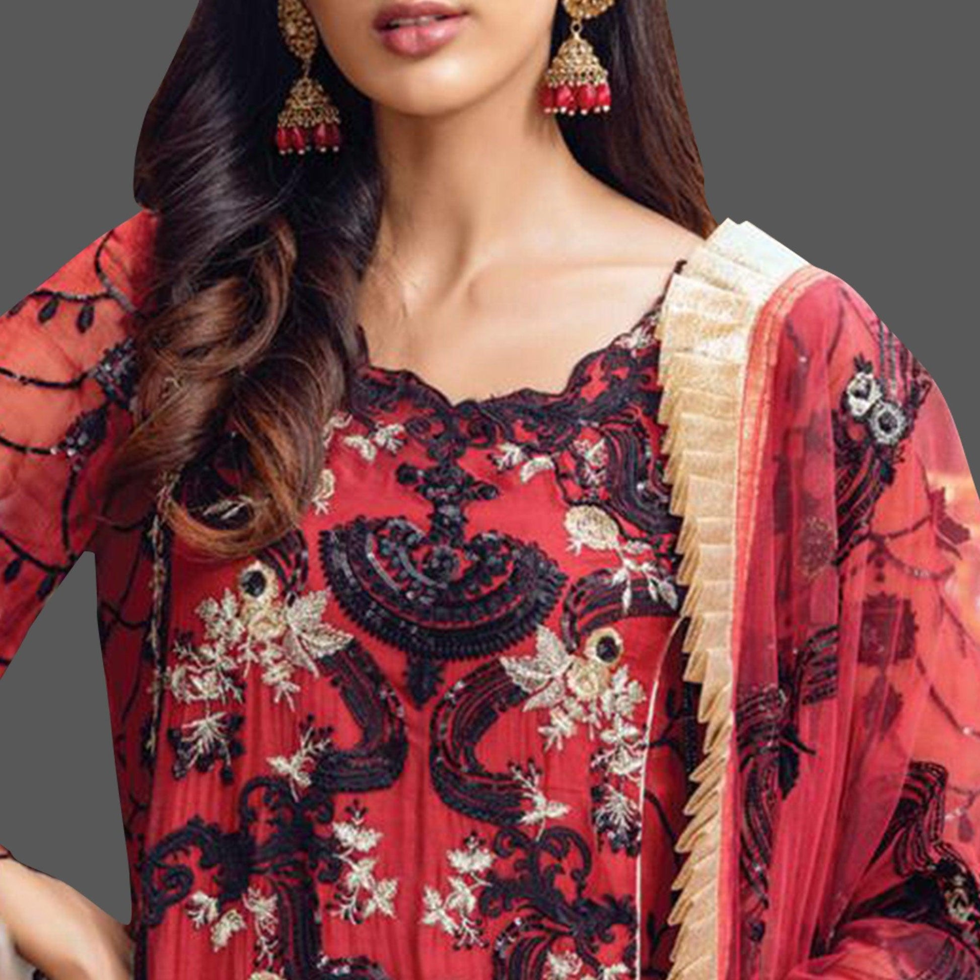 Demanding Red Colored Partywear Embroidered Georgette Palazzo Suit