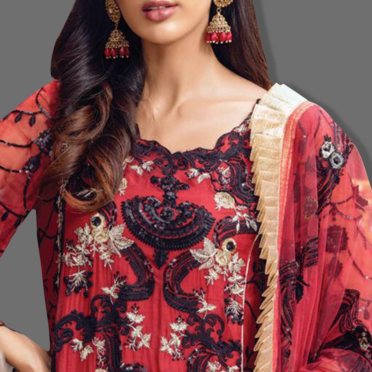 Demanding Red Colored Partywear Embroidered Georgette Palazzo Suit