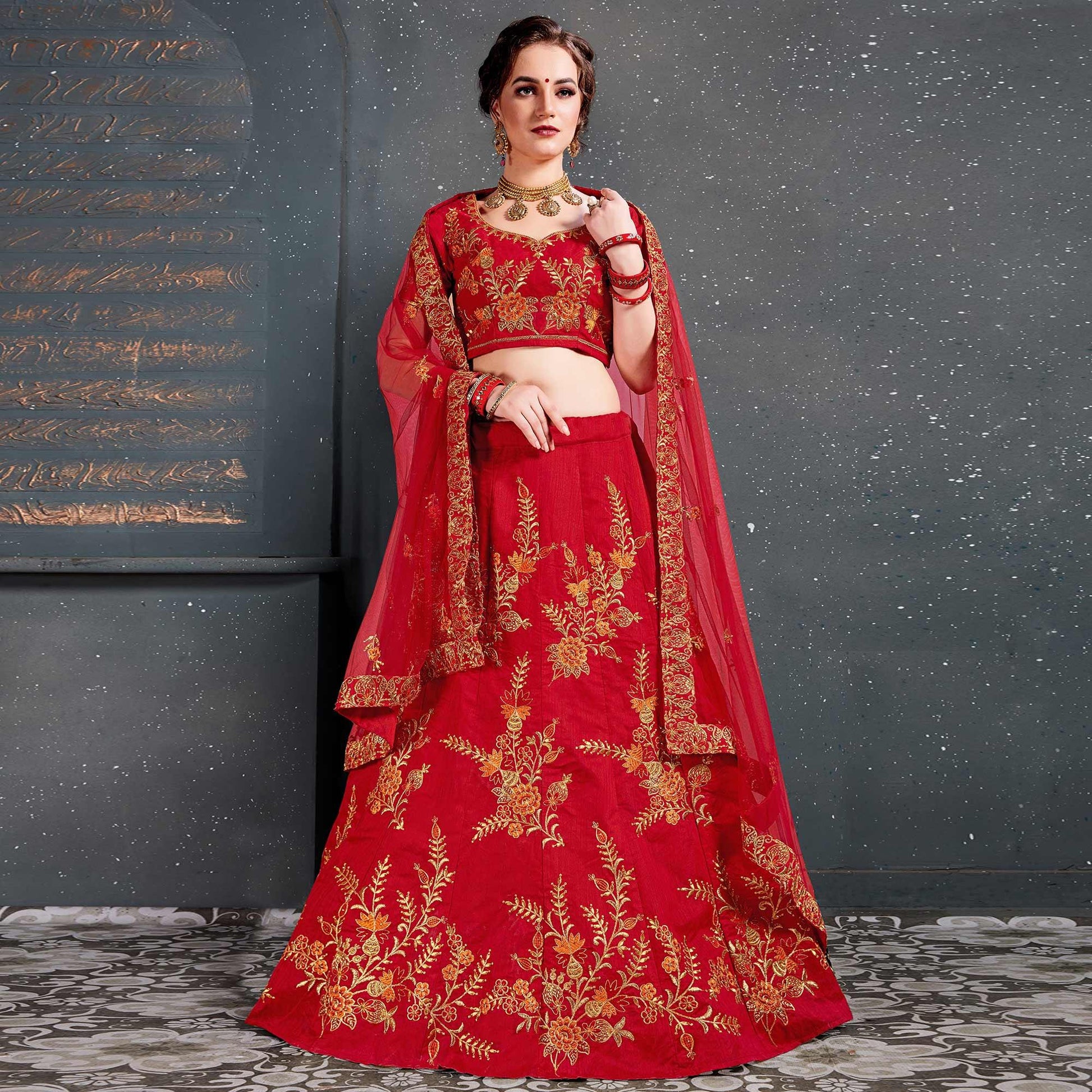 Demanding Red Colored Wedding Wear Embroidered Silk Lehenga Choli