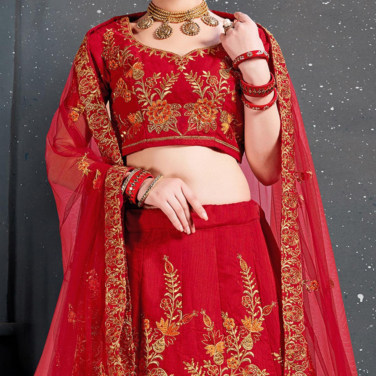 Demanding Red Colored Wedding Wear Embroidered Silk Lehenga Choli