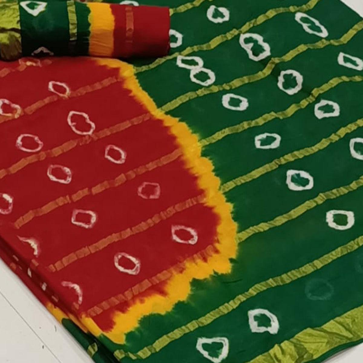 Demanding Red-Green Colored Casual Wear Bandhani Print Cotton Saree
